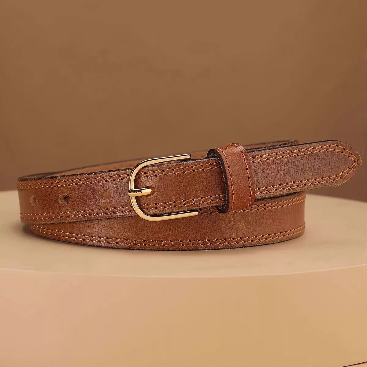 Classic Leather Belt with Golden Buckle