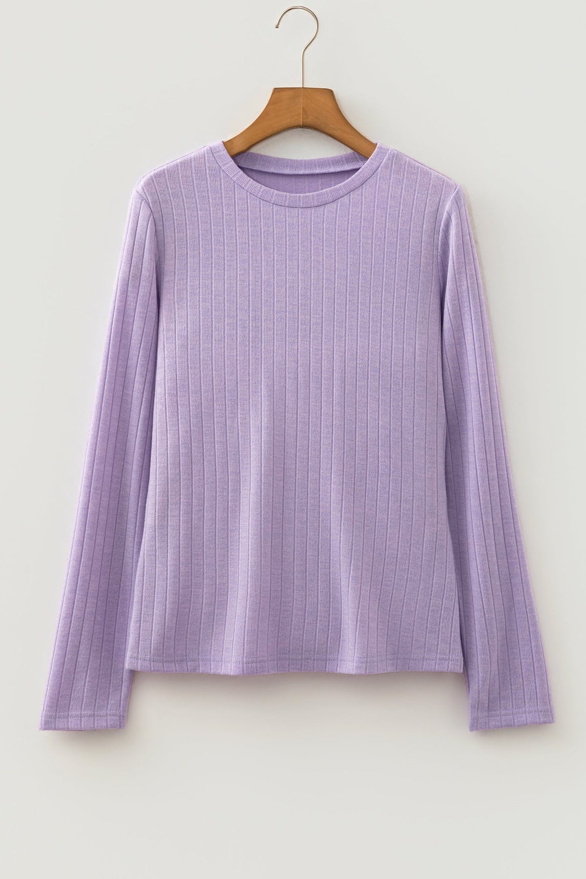 Solid Ribbed Knit Round Neck Long Sleeve Top