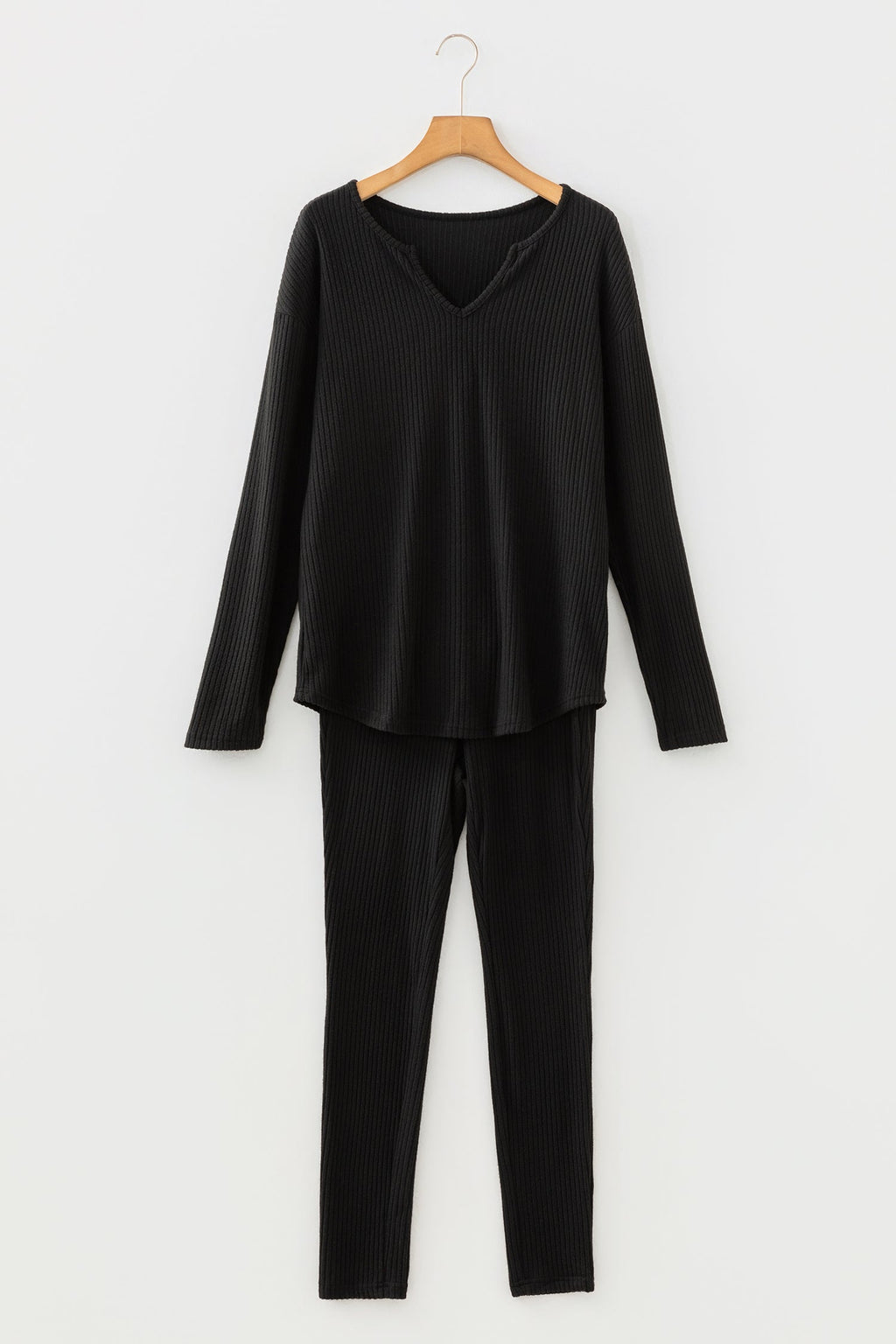 Black Ribbed Notched Neck Knit Long Sleeve Leggings Two Pieces Lounge Set