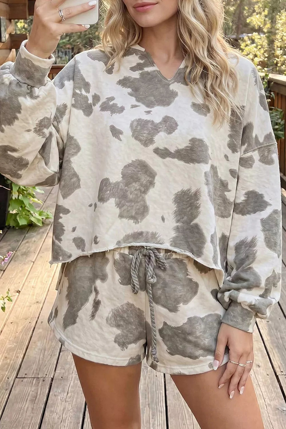 Cow Print Top and Drawstring Shorts Set