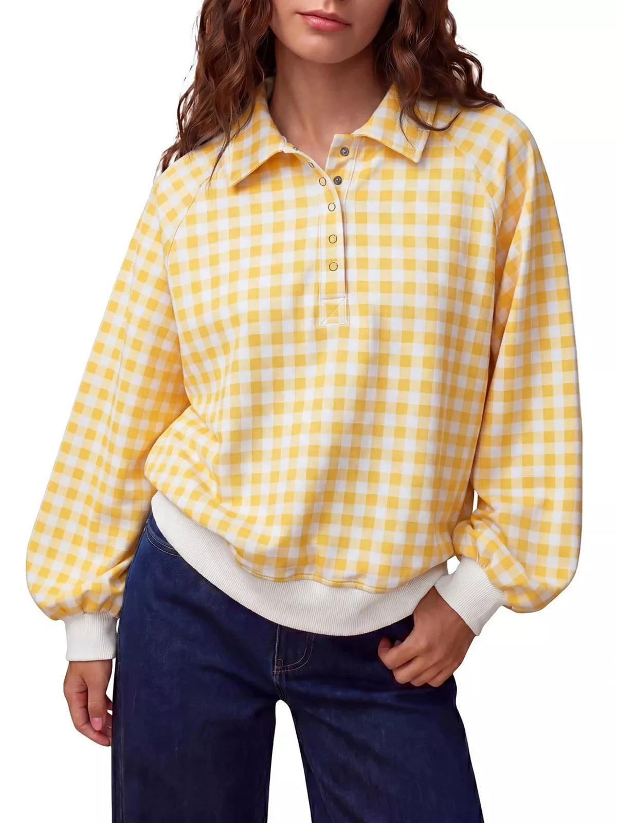 Gingham Plaid Collared Sweatshirt with Ribbed Hem