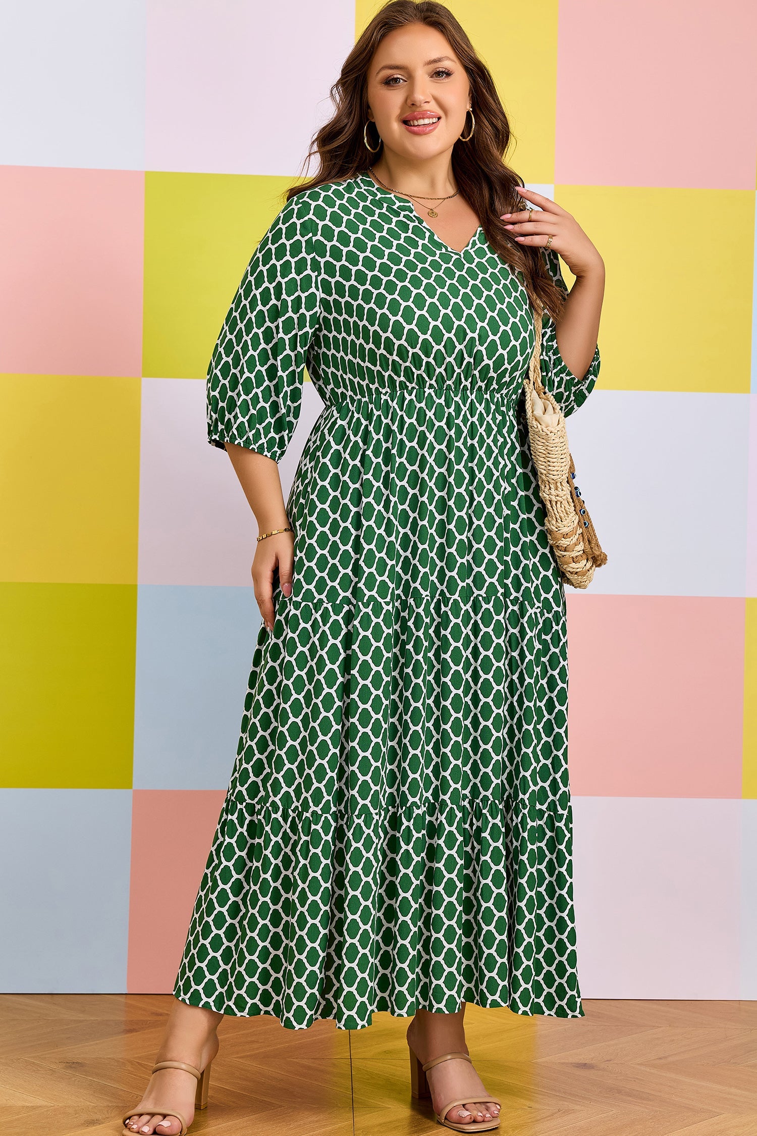 Green Plus Size Geometric Print Pocketed Ruffle Hem Casual Dress