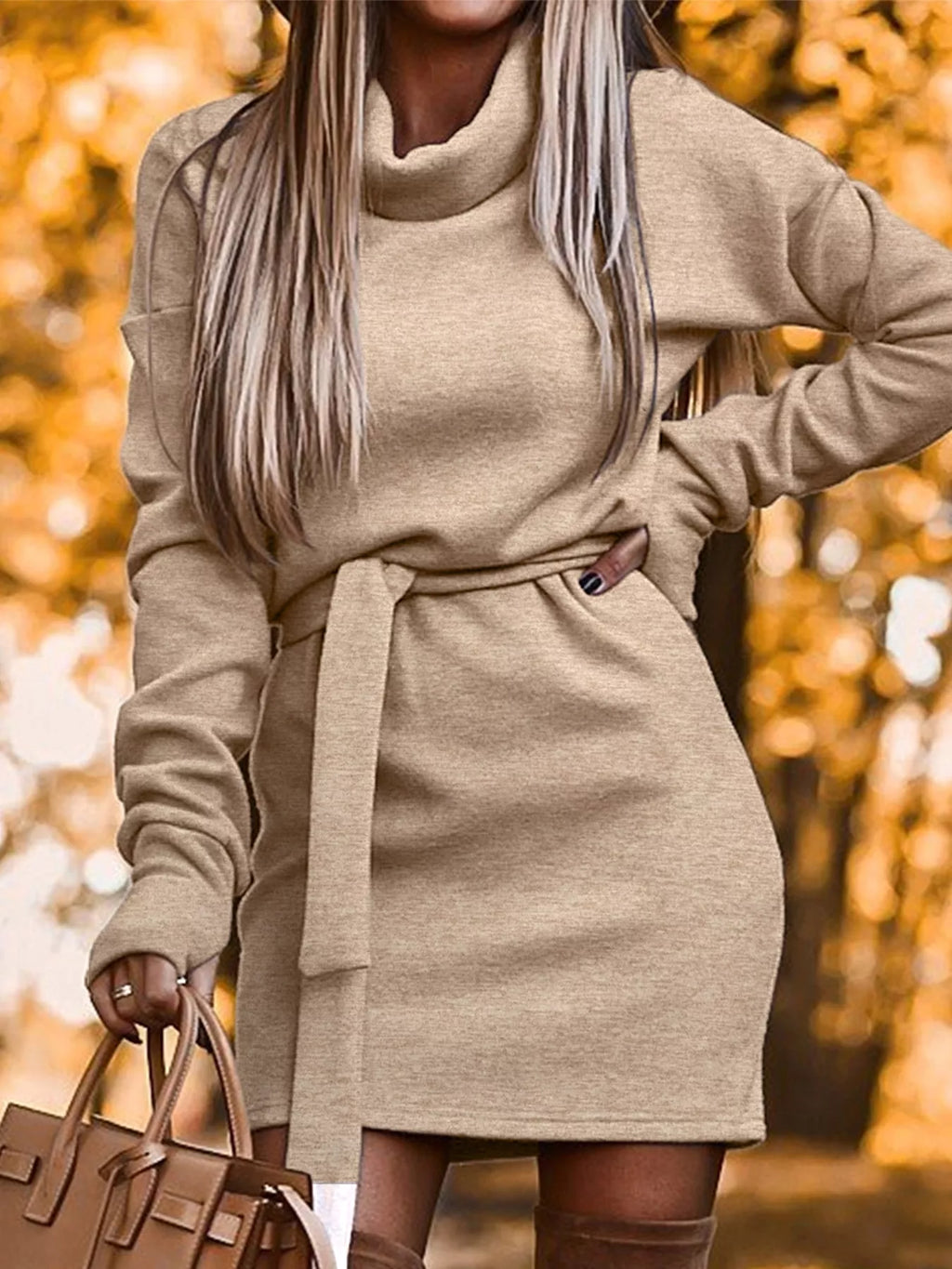 Turtleneck Belted Knit Dress