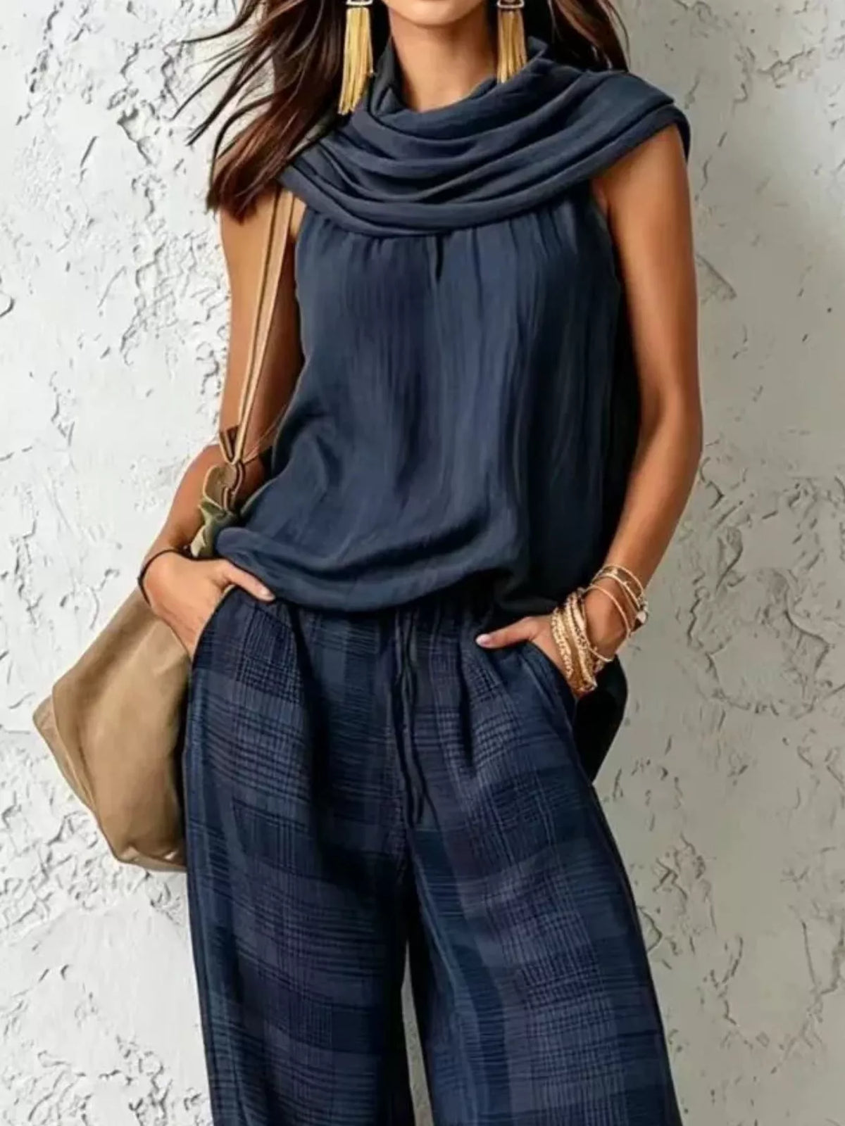Full Size Sleeveless Cowl Neck Top and Plaid Wide-Leg Pant Two-Piece Set Plus Size