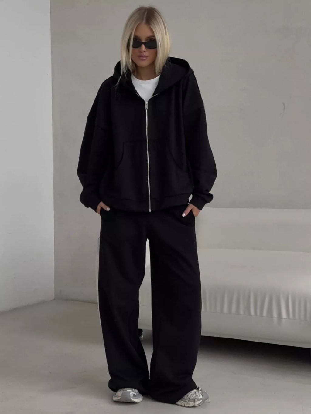 Casual Zip-Up Hoodie and Wide-Leg Sweatpants Set