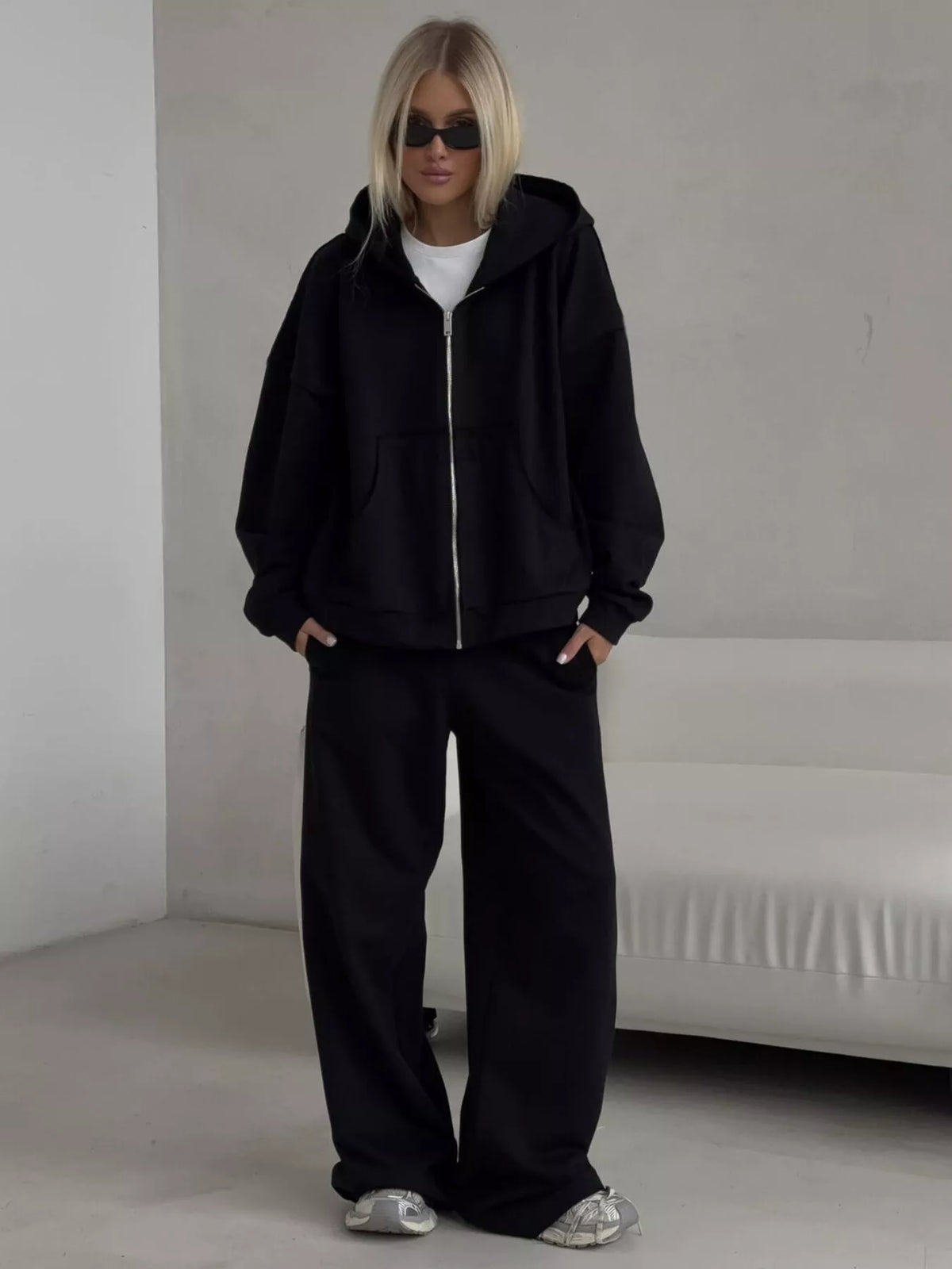 Casual Zip-Up Hoodie and Wide-Leg Sweatpants Set