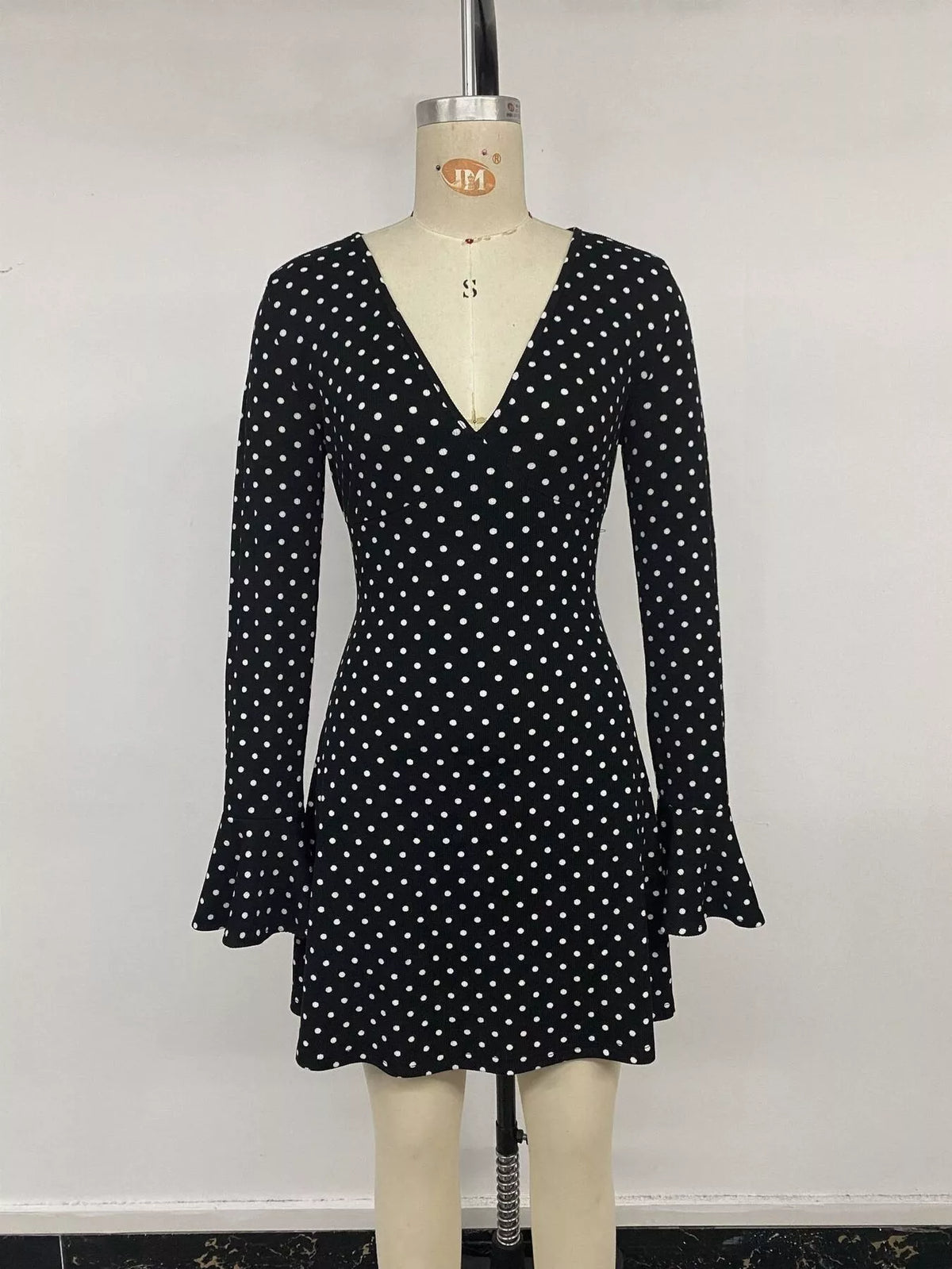 Polka Dot Long Sleeve Ruffle Hem Mini Dress