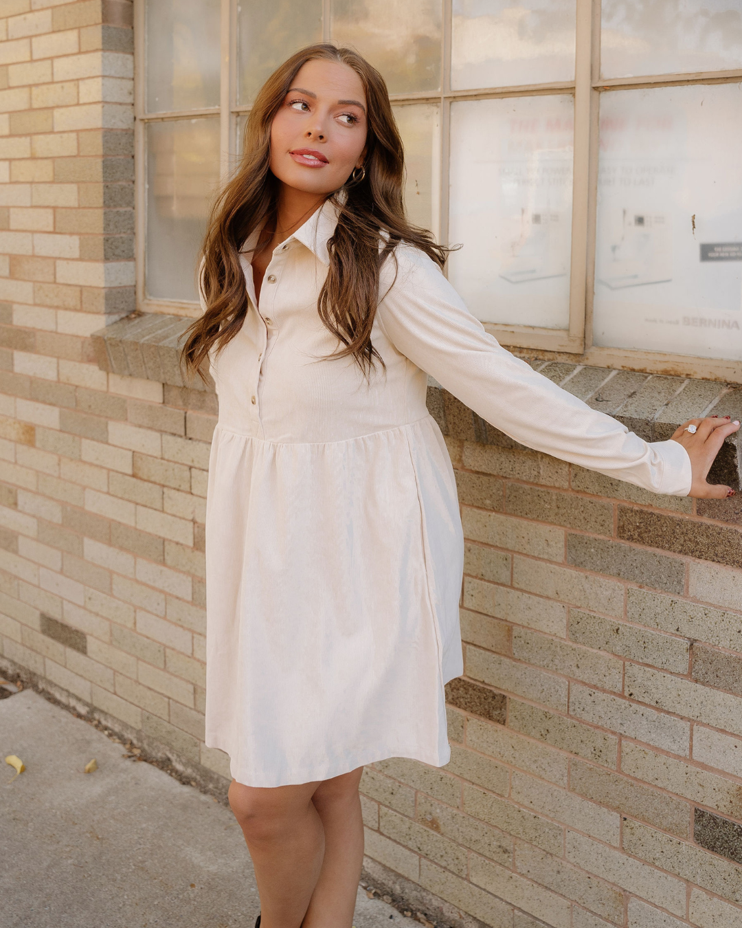 Abigail Corduroy Half Button Collared Long Sleeve Mini Dress