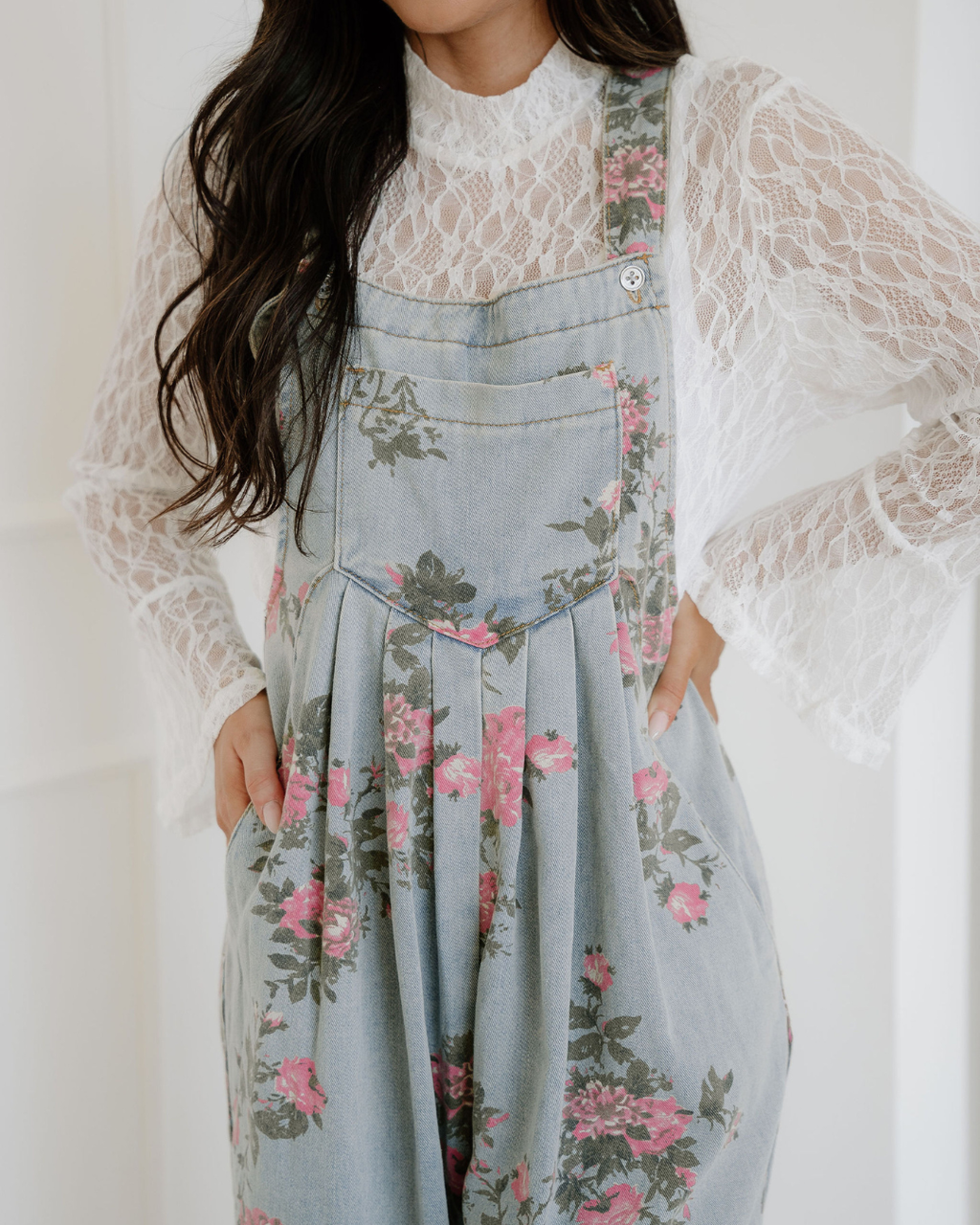 Floral Pleated Wide Leg Denim Overalls