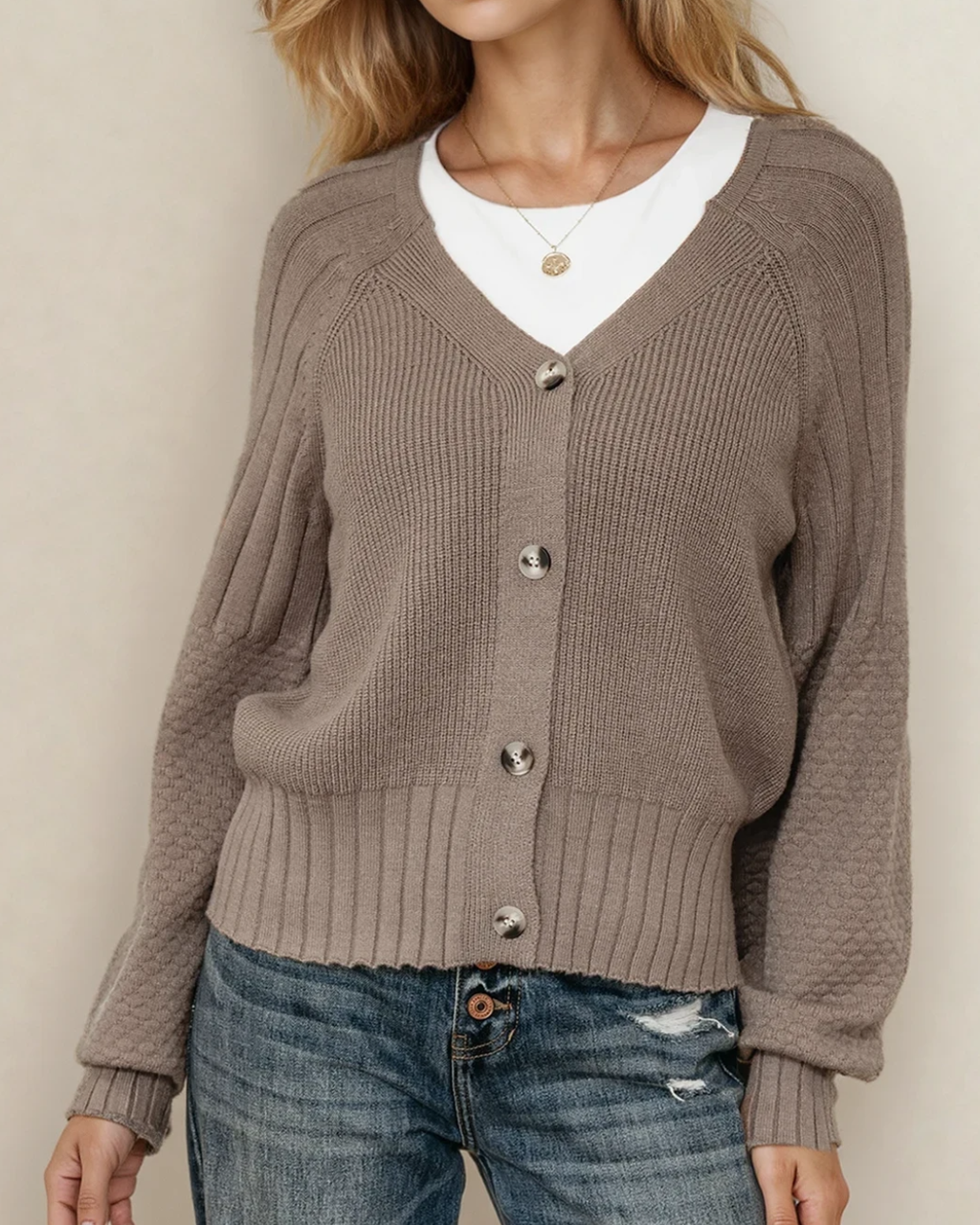 Jane Mixed Texture Knit Button V Neck Sweater Cardigan - Brown