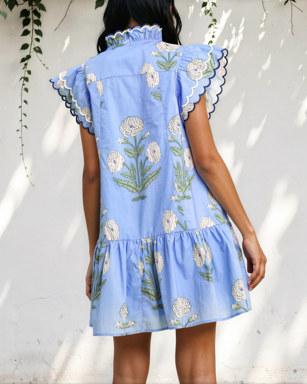 Everrett Scalloped Embroidery Trim V Neck Drop Waist Mini Dress