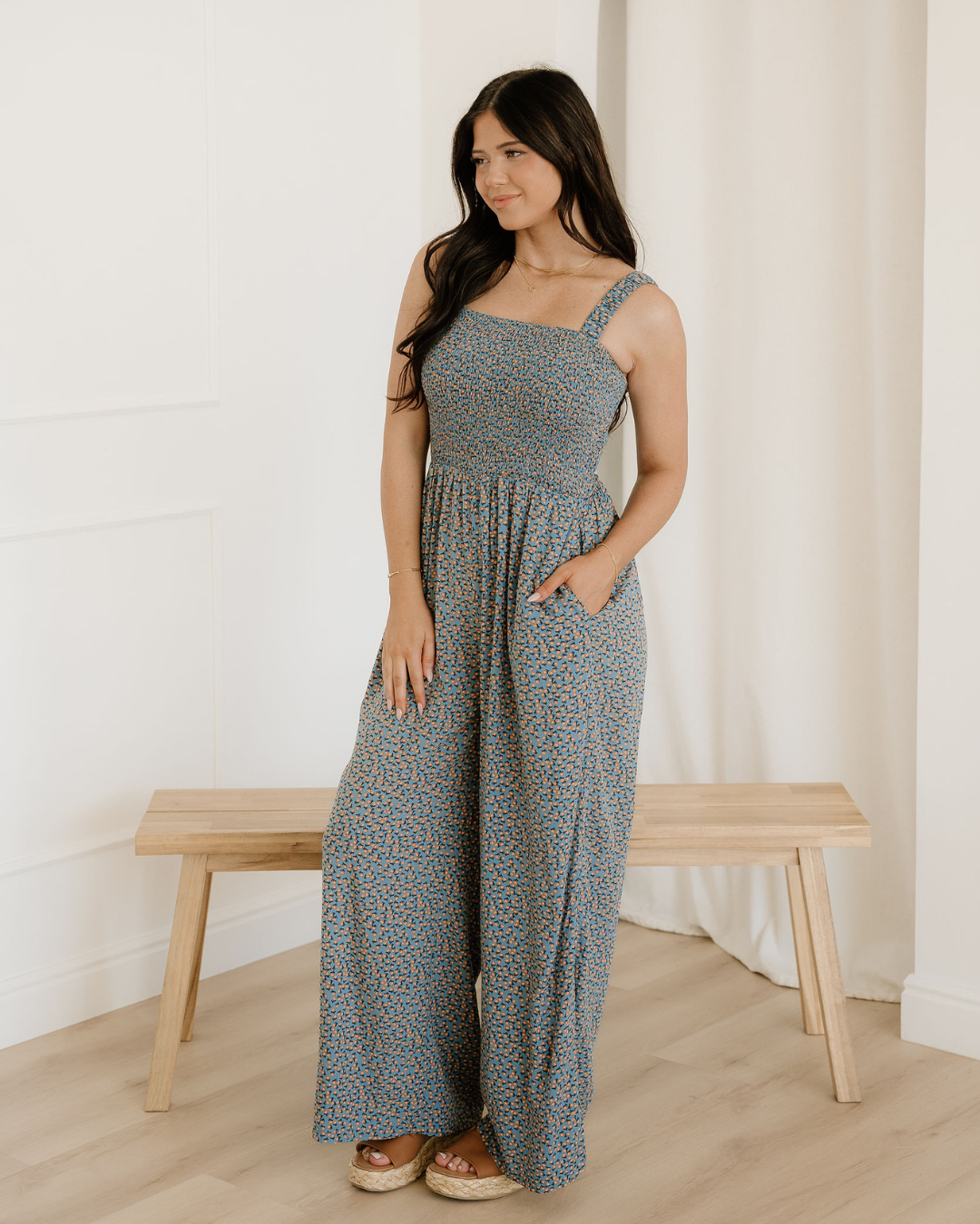 Angelica Square Neckline Stretch High Waist Jumper - Blue Floral