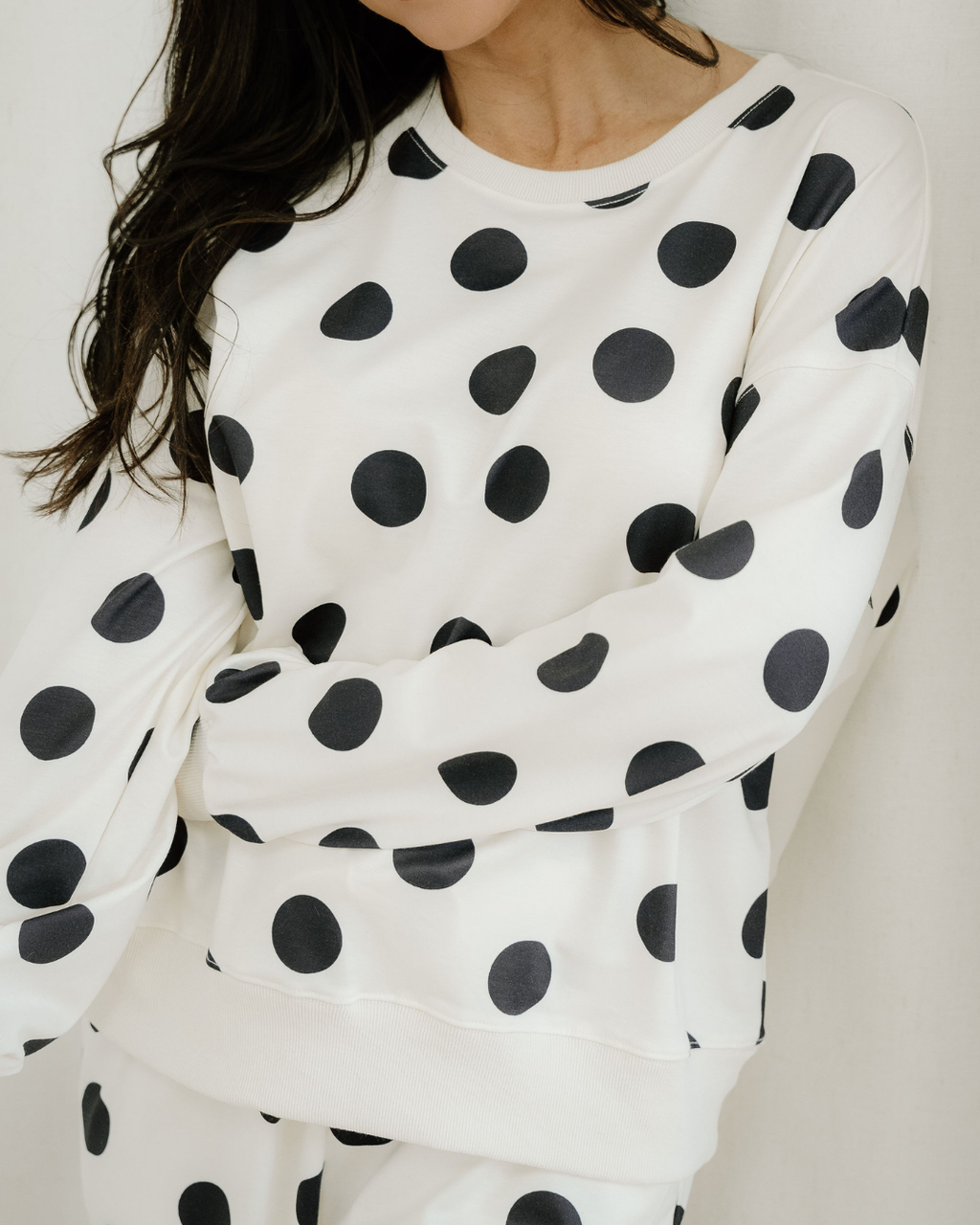 Polka Dot Print Drop Shoulder Pullover Drawstring Jogger Pant Set - Beige