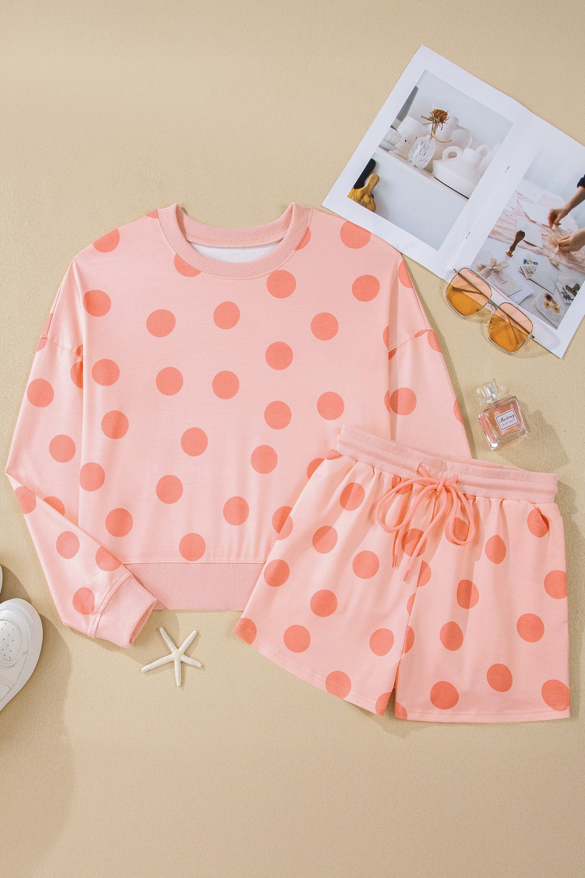 Polka Dot Pullover and Drawstring Shorts Set