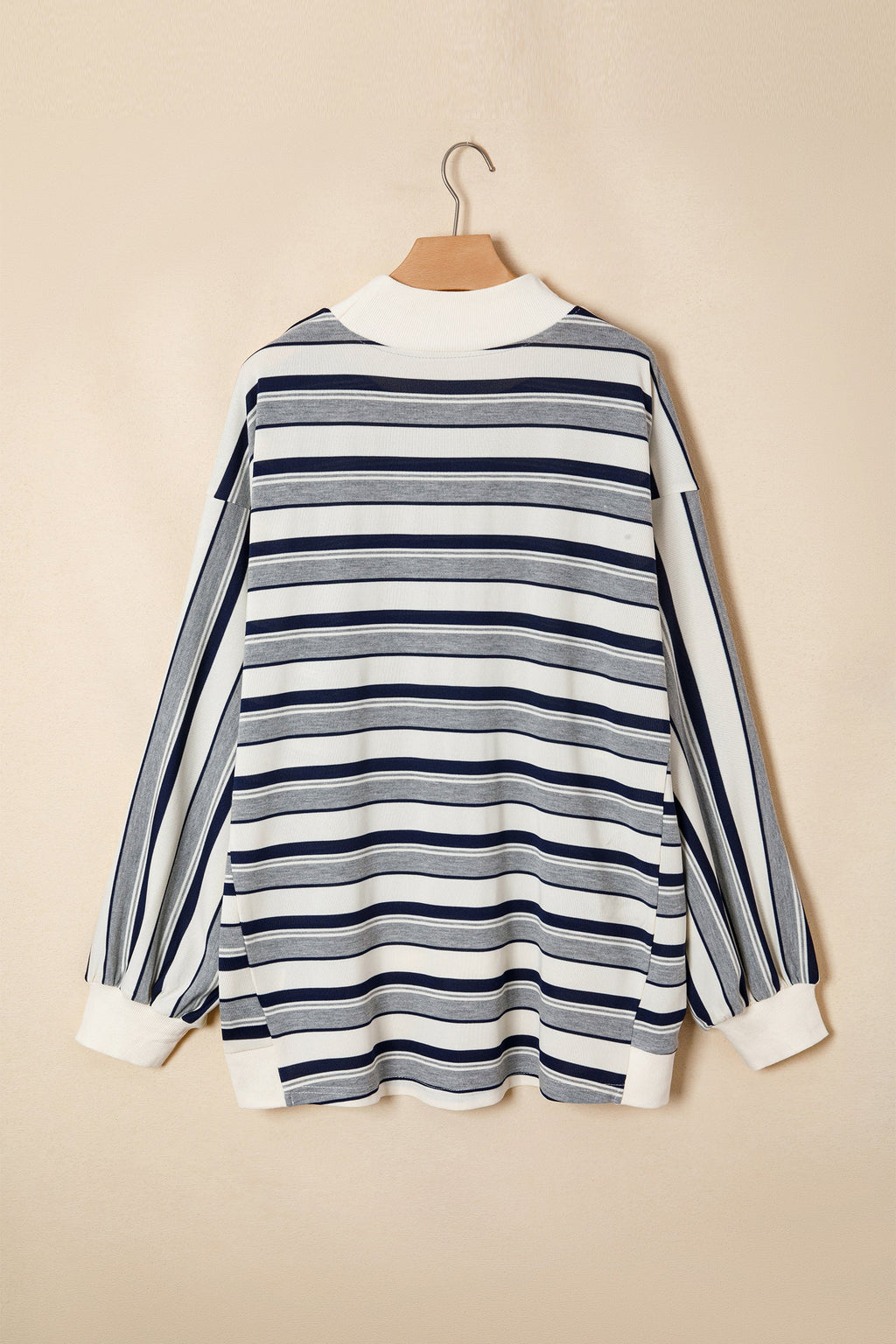 Blue Stripe Striped Ribbed Stand Neck Long Sleeve Shift Silhouette Sweatshirt