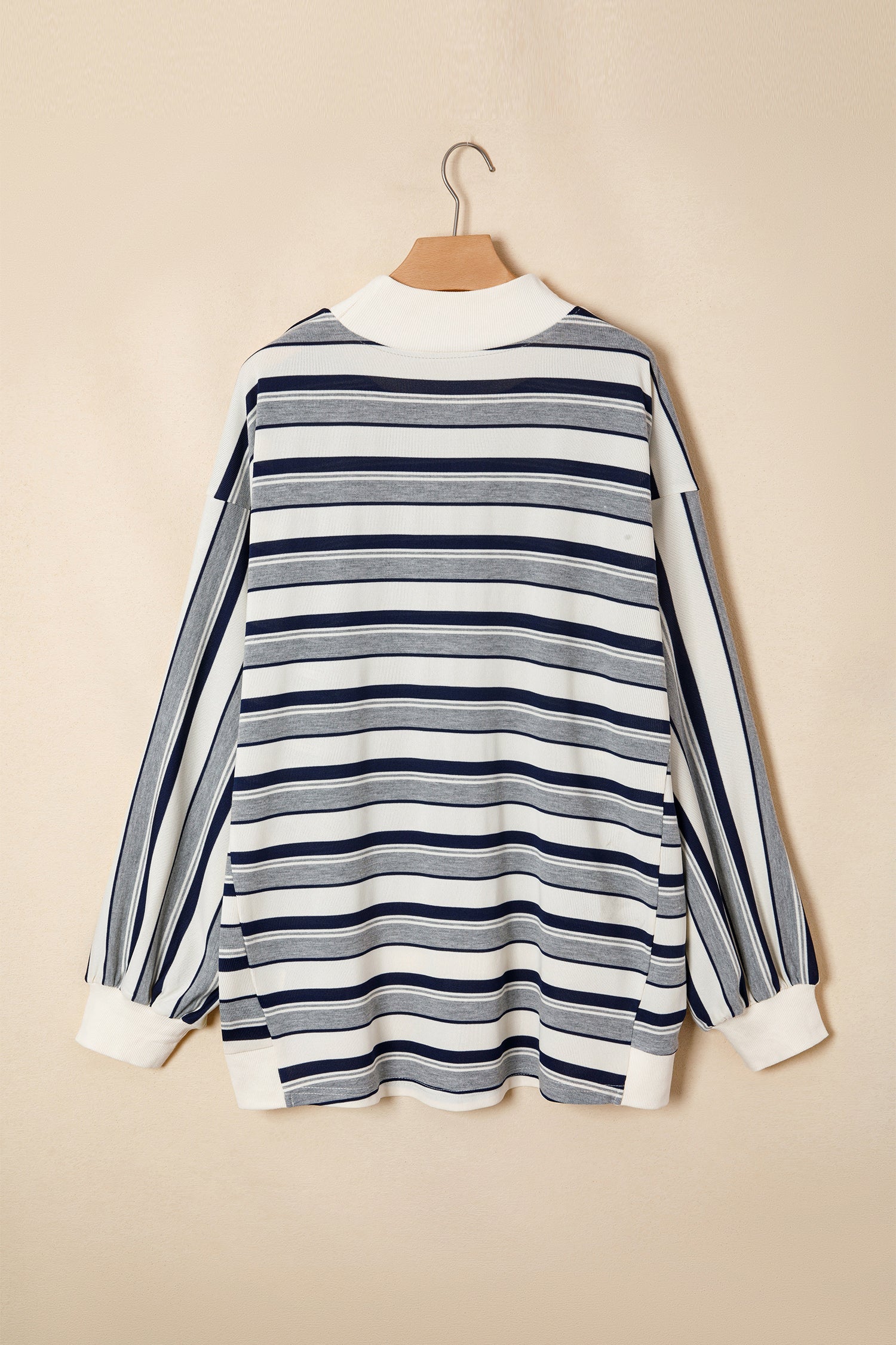 Blue Stripe Striped Ribbed Stand Neck Long Sleeve Shift Silhouette Sweatshirt
