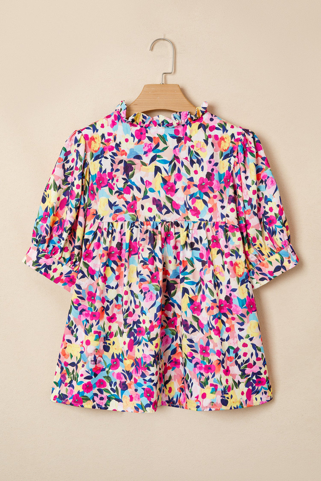 Pink Flower Print Frilled Collar Short Puff Sleeve Summer Blouse