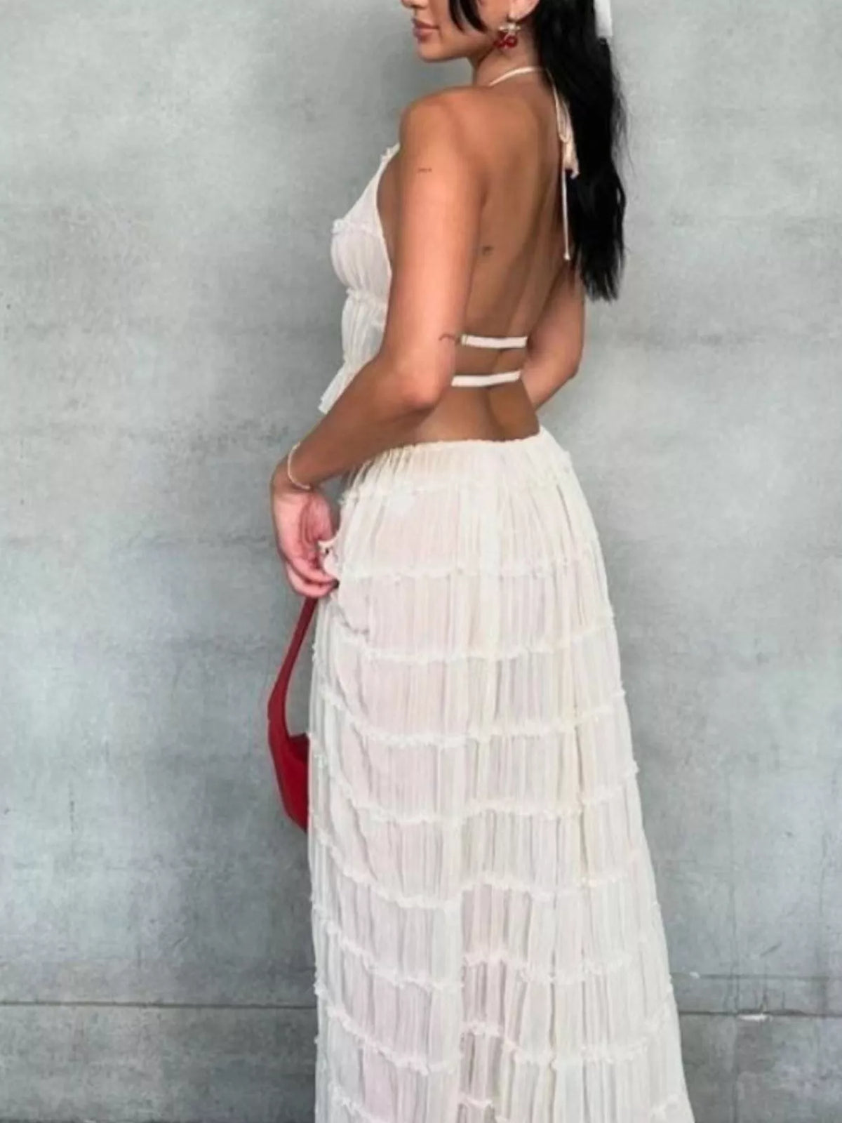 Boho Chic Ruffled Halter Crop Top and Maxi Skirt Set