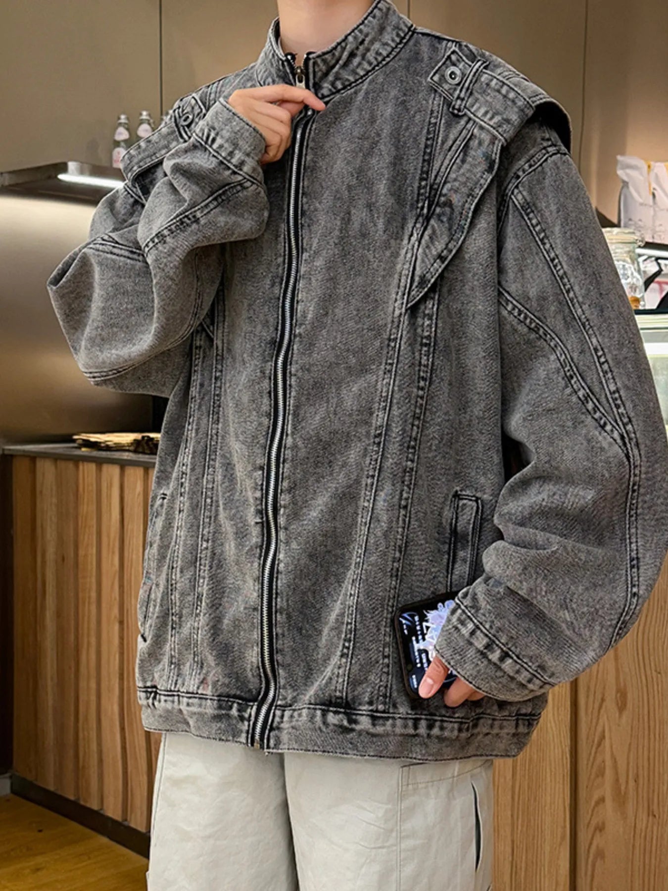 Men's Plus Size Zip Up Long Sleeve Denim Jacket