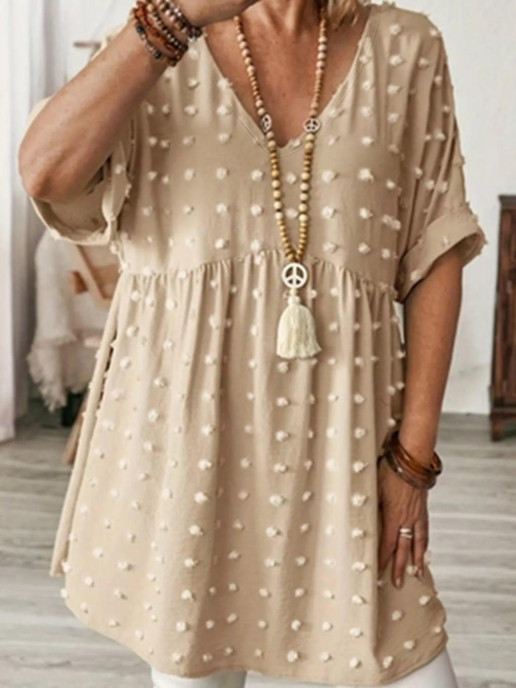 Plus Size Swiss Dot V-Neck Casual Blouse