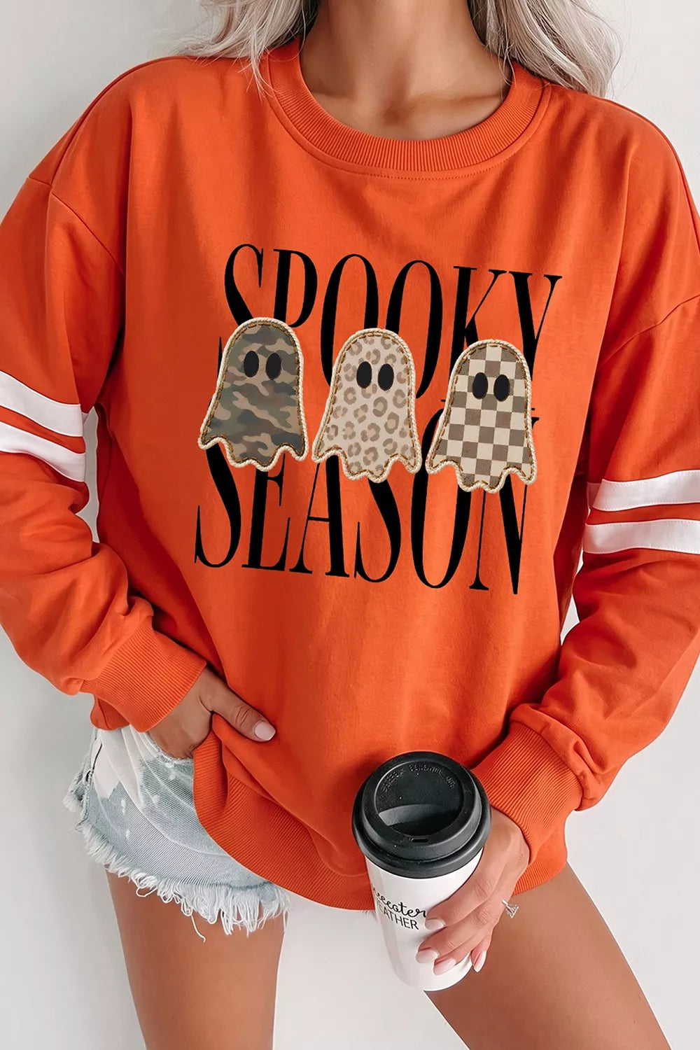 Spooky Season Ghost Graphic Varsity Striped Sleeve Halloween Pullover Sweatshirt