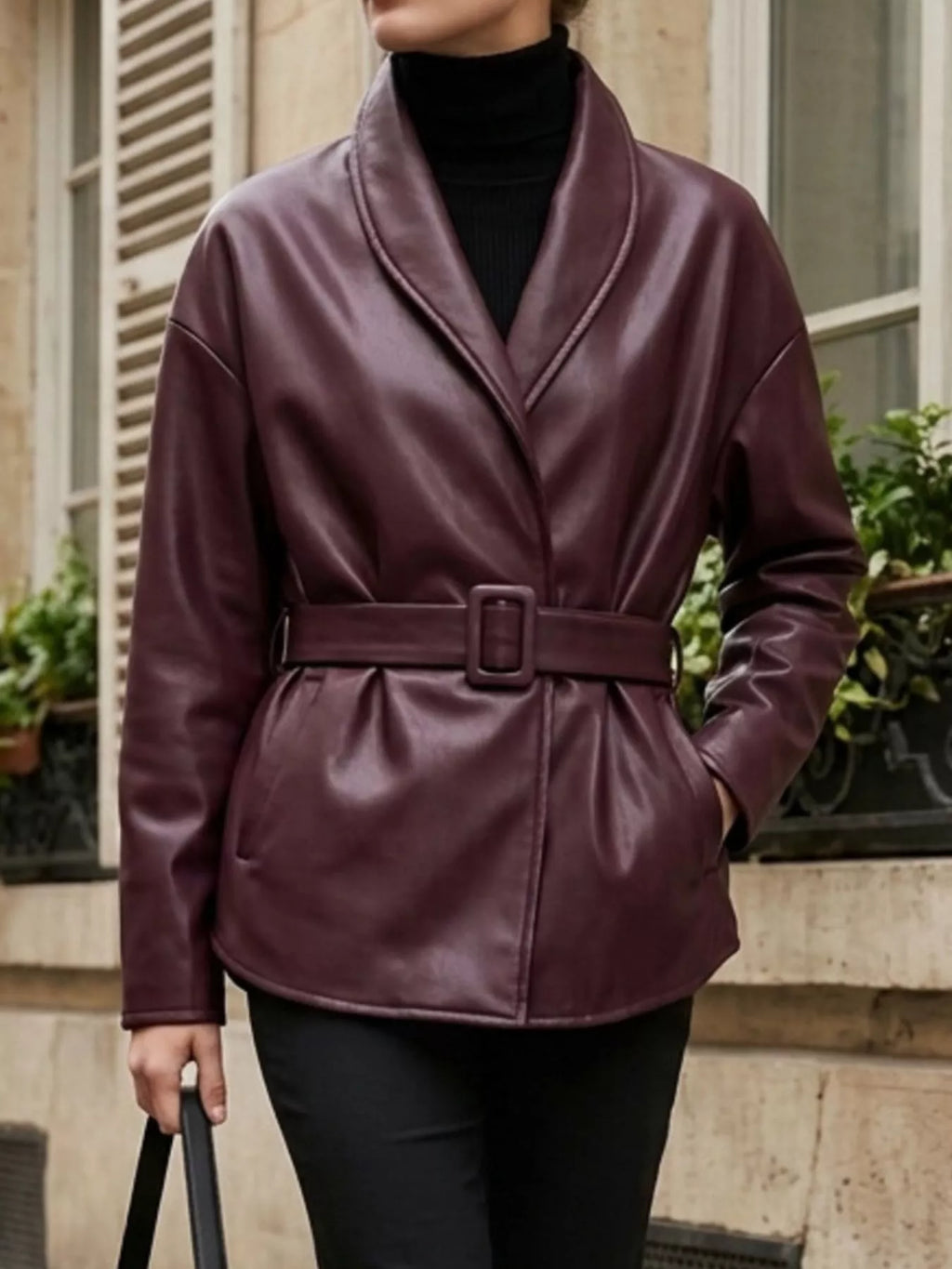 Faux Leather Belted Jacket