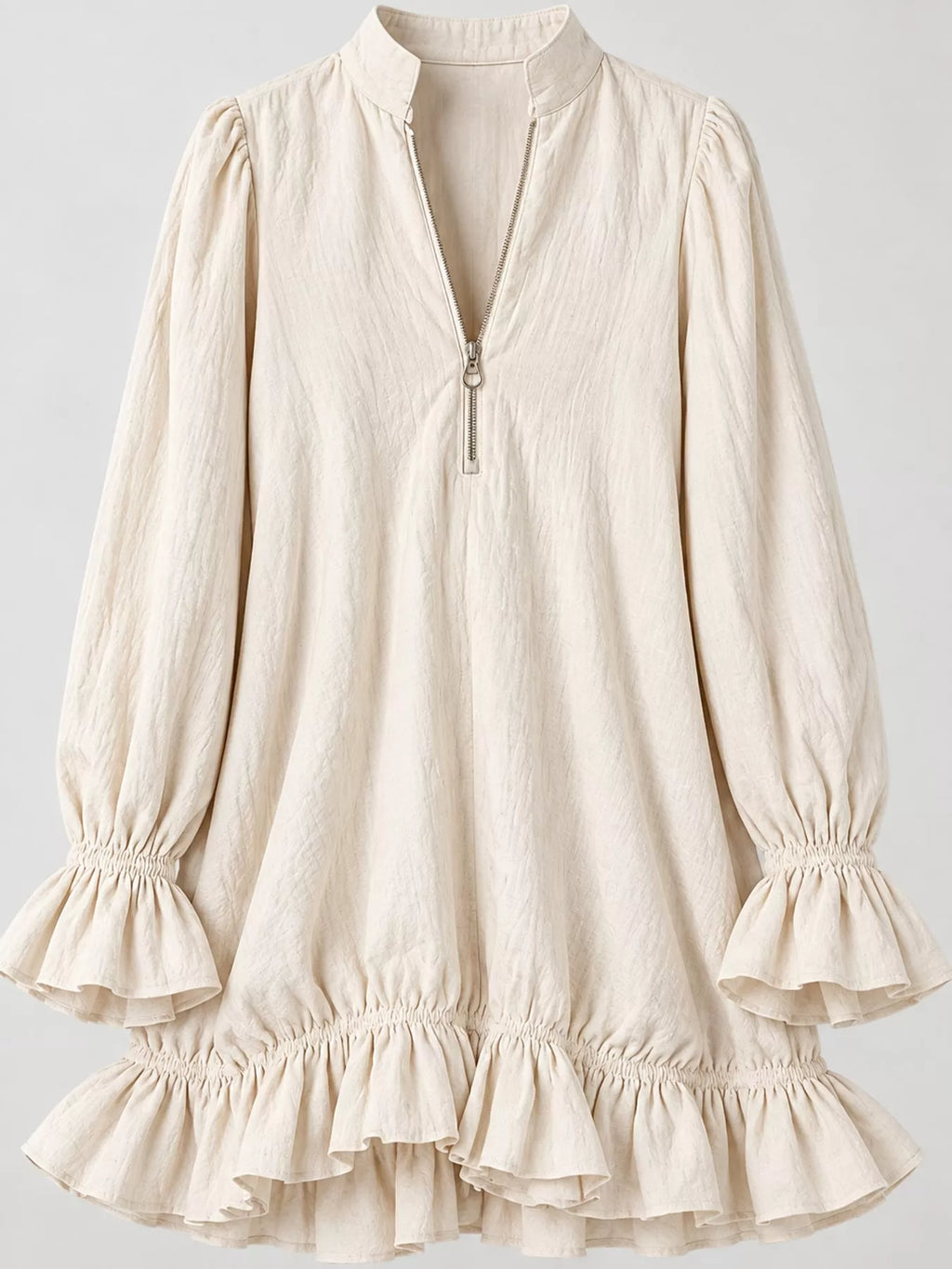 Zipper-Front Ruffle Hem Mini Dress