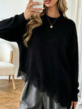 Round Neck Sweater with Asymmetric Lace Hem