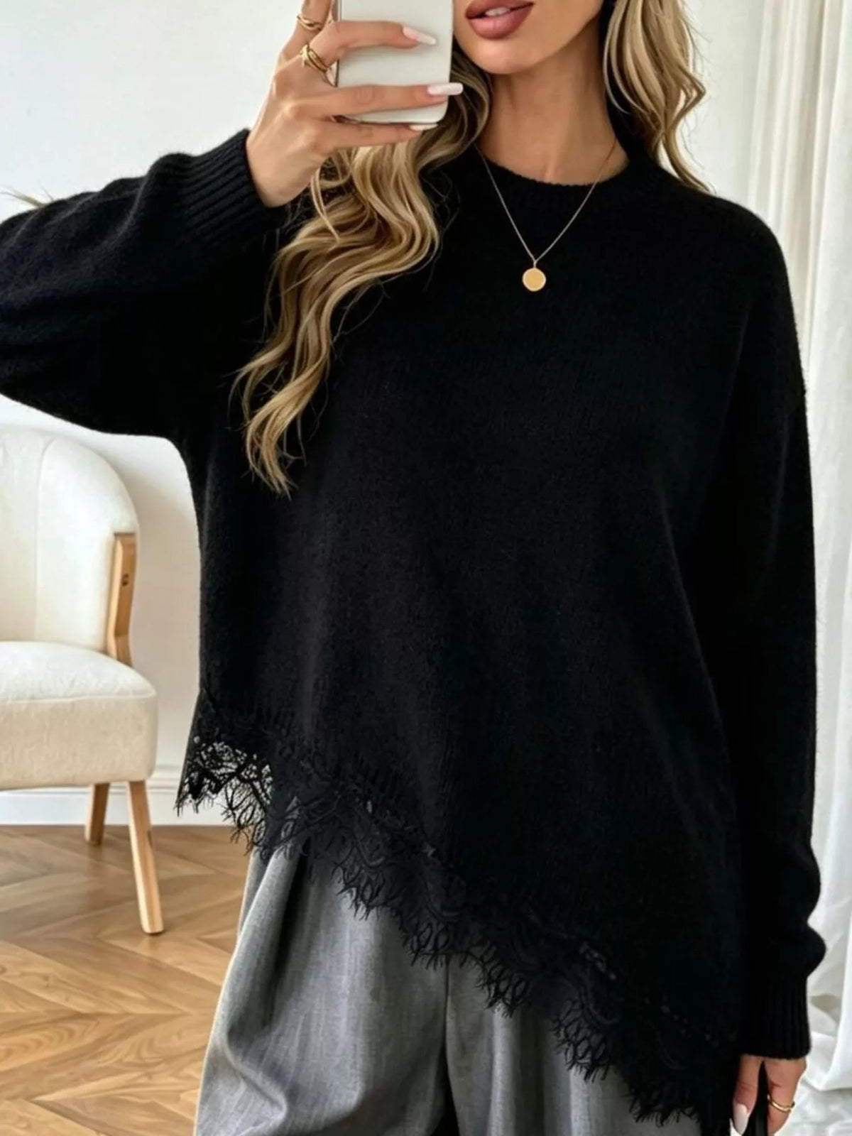 Round Neck Sweater with Asymmetric Lace Hem