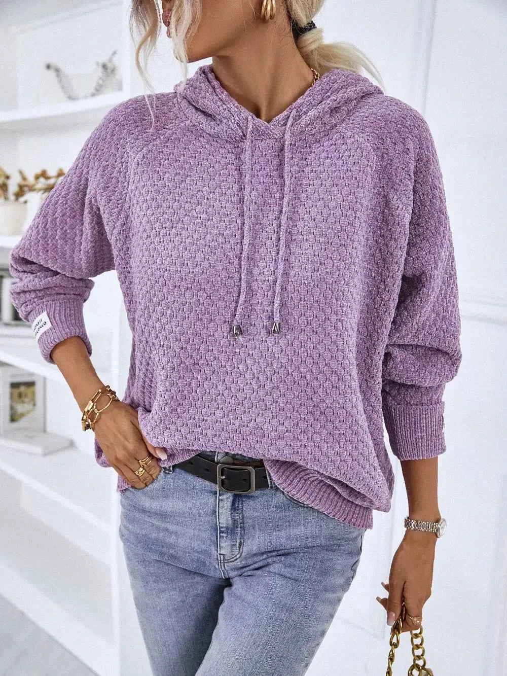 Textured Drawstring Long Sleeve Hooded Sweater