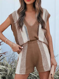 Openwork Color Block V-Neck Top and Shorts Sweater Set