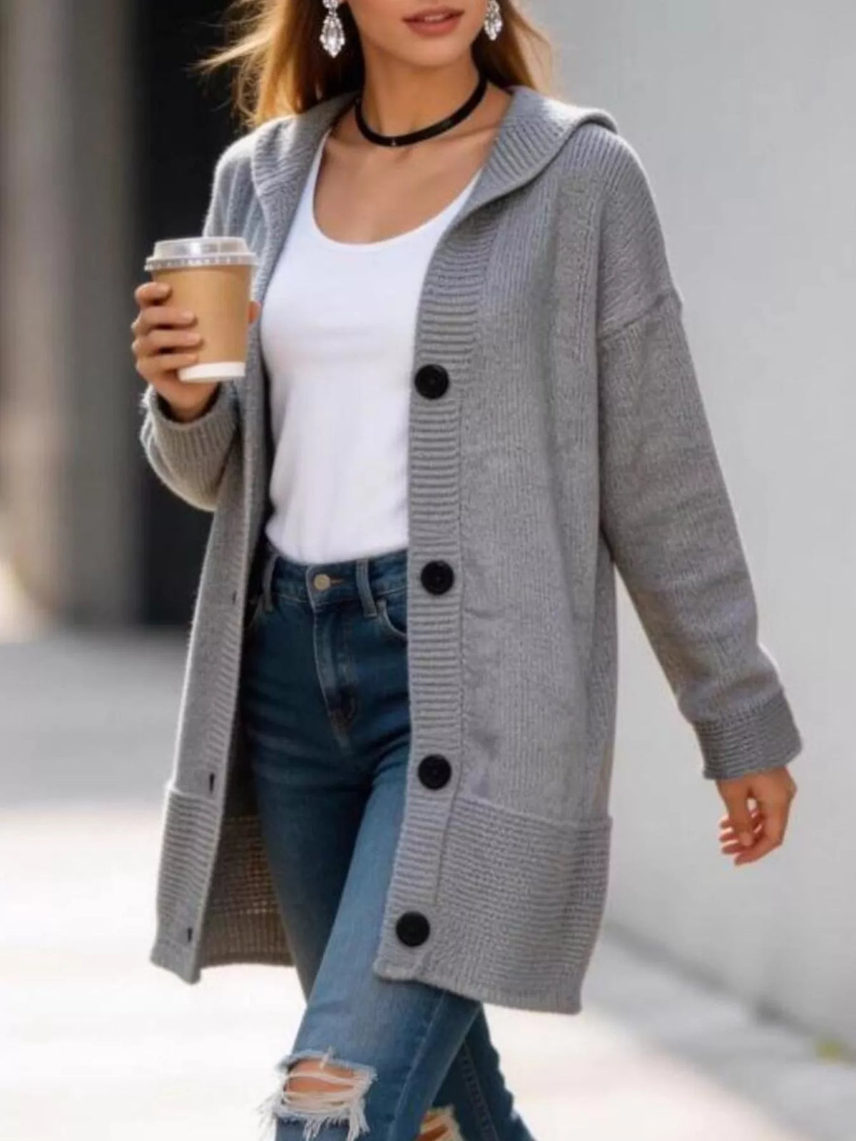 Full Size Casual Hooded Button-Down Knit Cardigan Plus Size