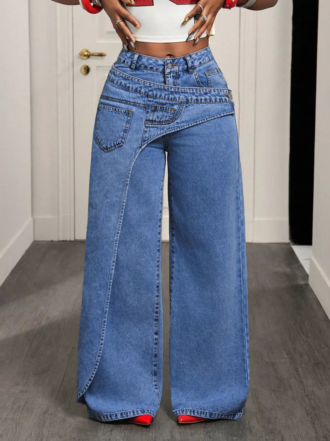 Asymmetrical High-Waisted Wide-Leg Jeans with Wrap Detail