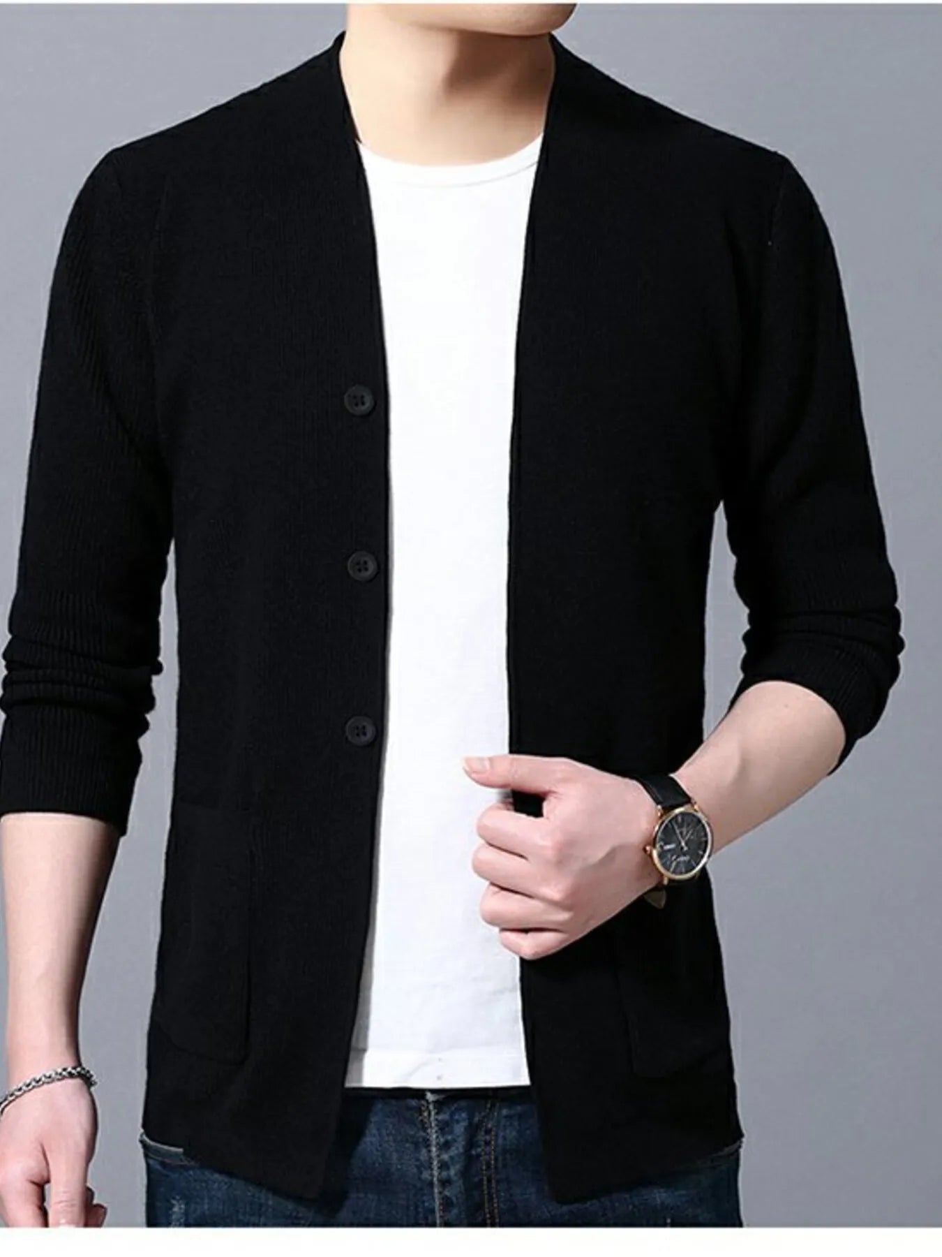 Men's Plus Size Long Sleeve Cardigan with Pockets