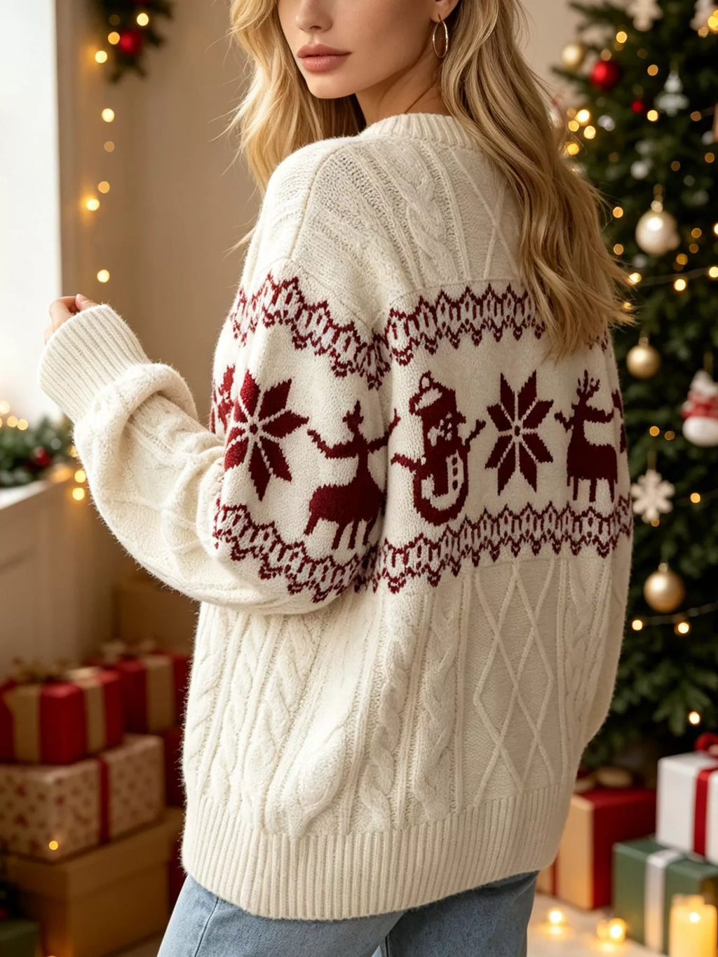 Christmas Snowman Pattern Cable Knit Sweater