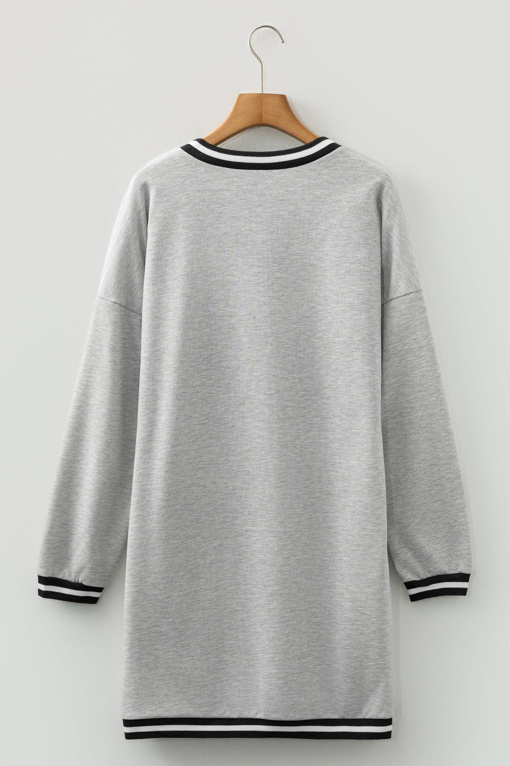 Light Grey Striped Trim V Neck Long Sleeve Preppy T Shirt Dress