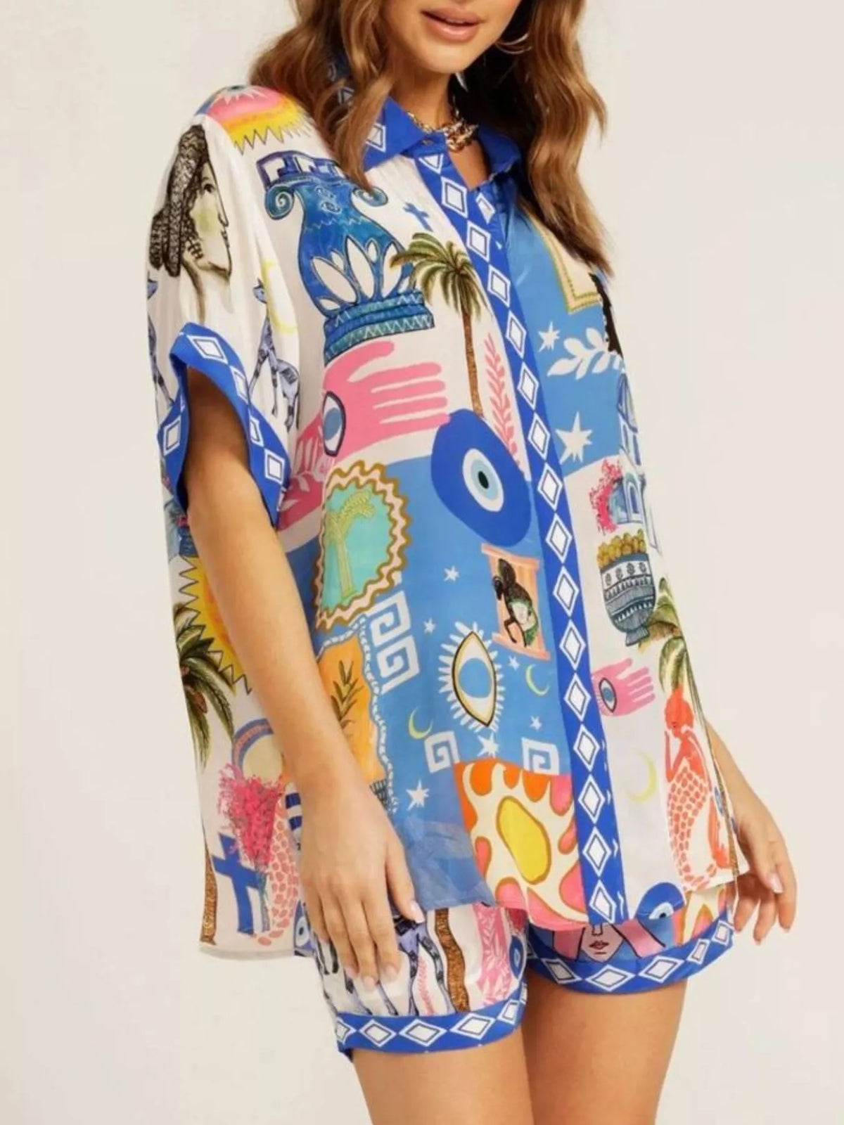 Printed Button-Down Shirt and Shorts Set
