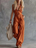 Western Sleeveless Wide-Leg Button-Down Jumpsuit