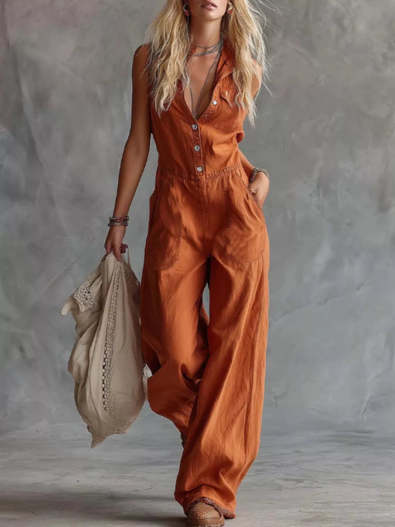 Western Sleeveless Wide-Leg Button-Down Jumpsuit