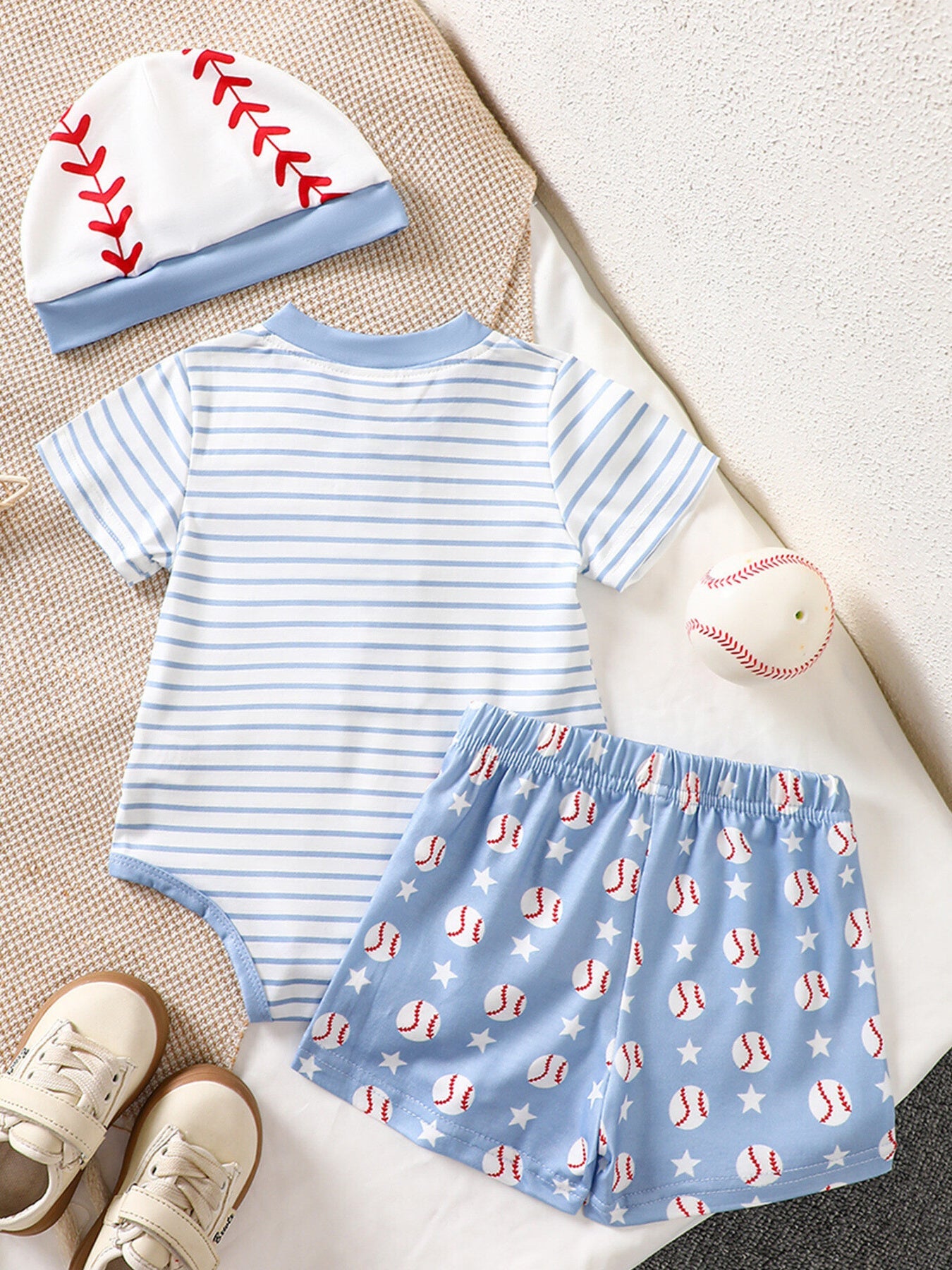 Children's Striped Bodysuit & Baseball Print Shorts & Hat 3-Piece Set