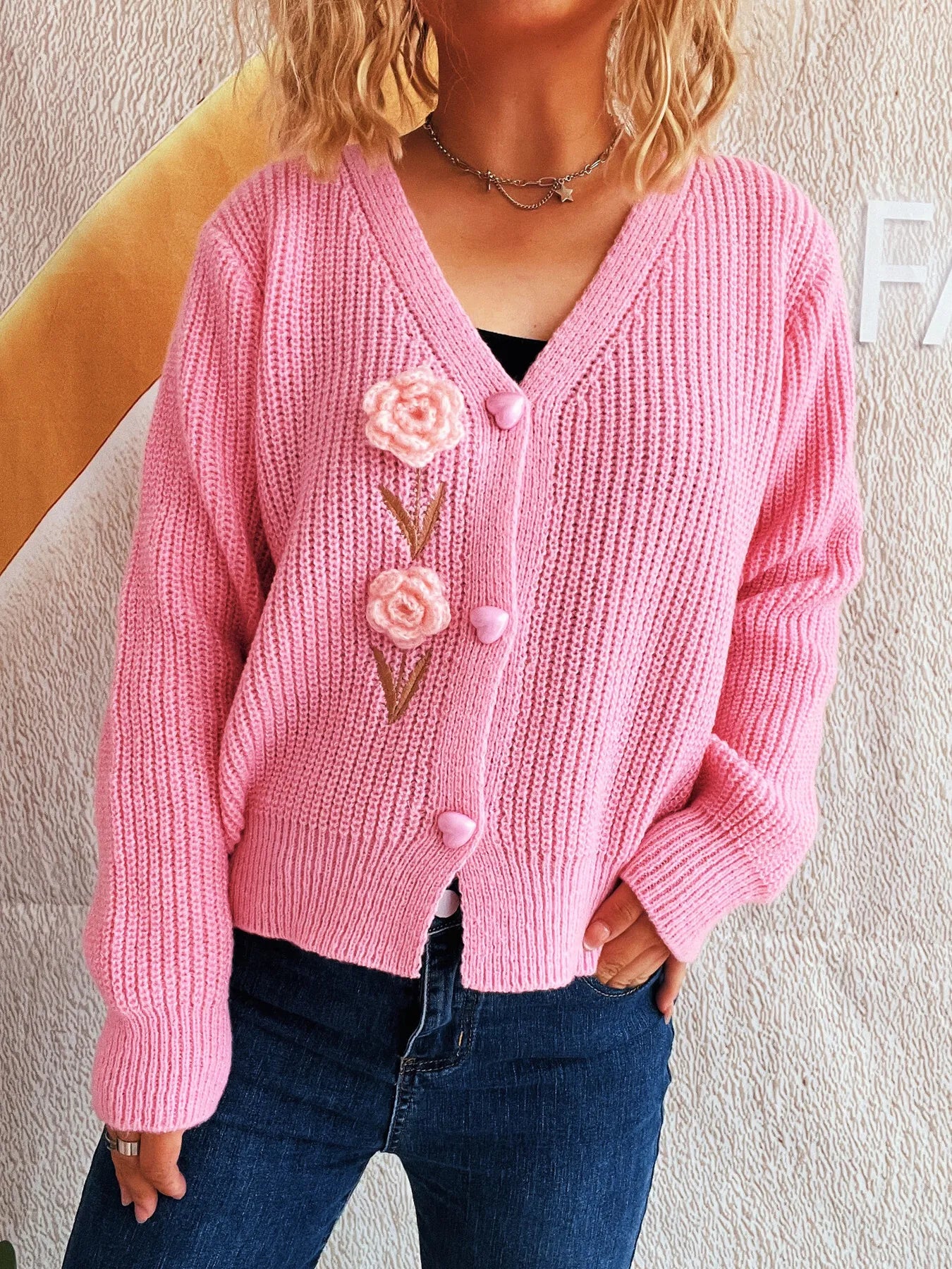 Flower V-Neck Button Up Cardigan