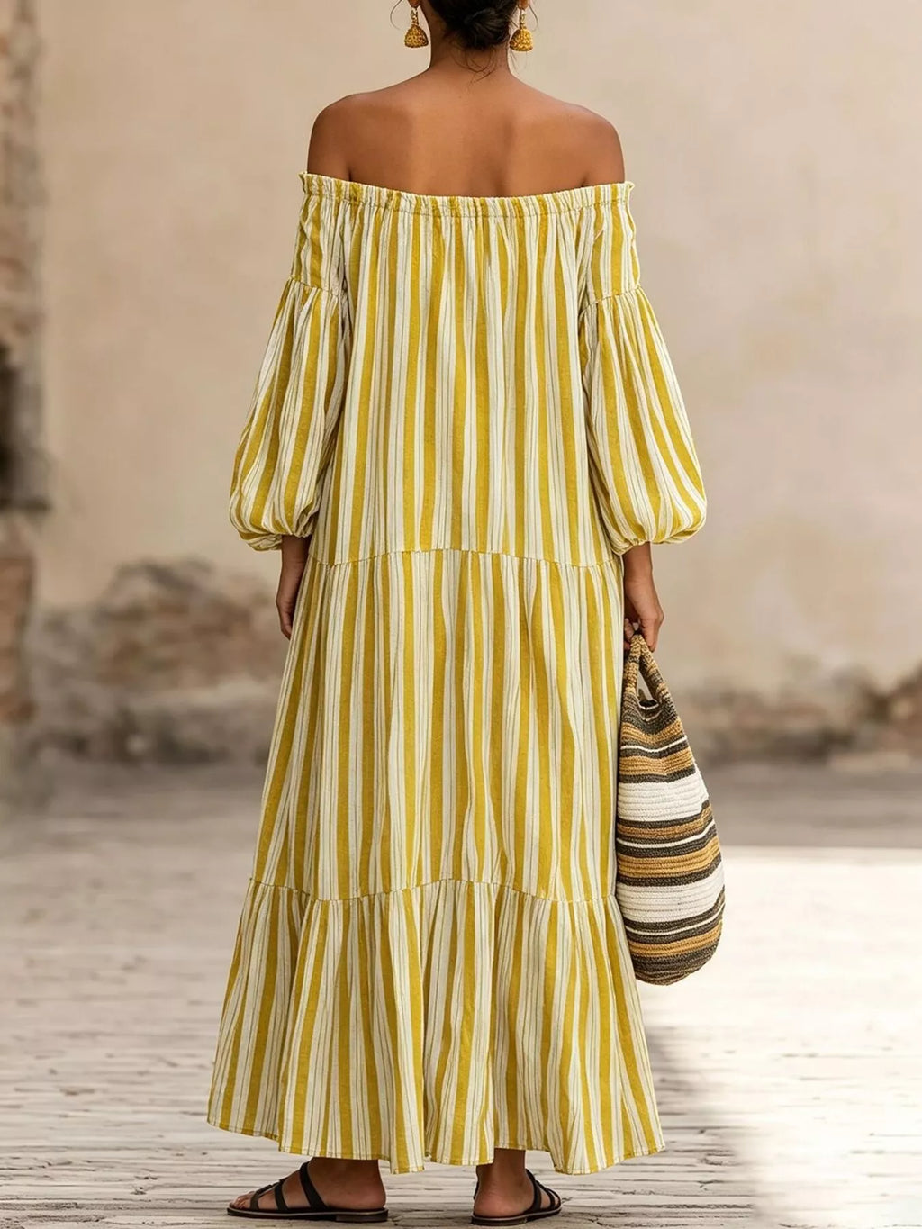 Off-Shoulder Striped Maxi Dress