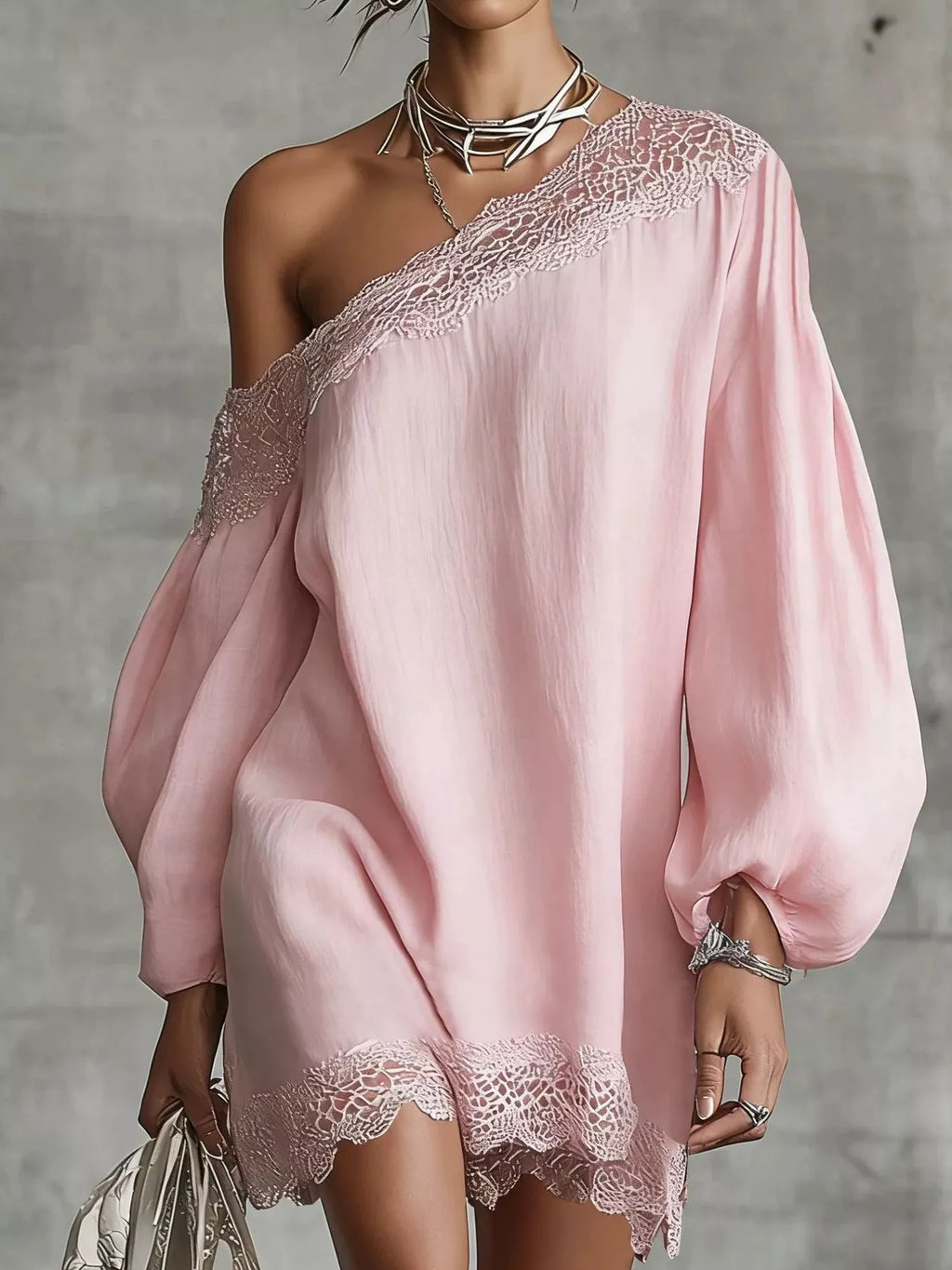 One-Shoulder Lace Trimmed Puff Sleeve Mini Dress
