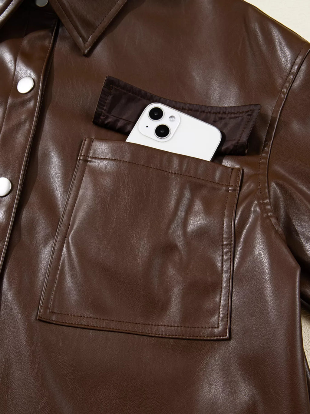 Double Flap Pocket Drawstring Hem Leather Jacket