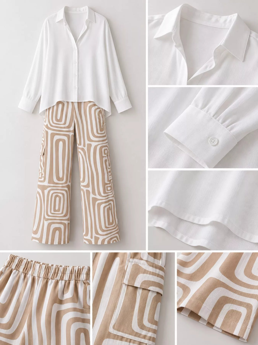 Full Size Chic Button-Down Shirt and Geometric Wide-Leg Pants Set Plus Size