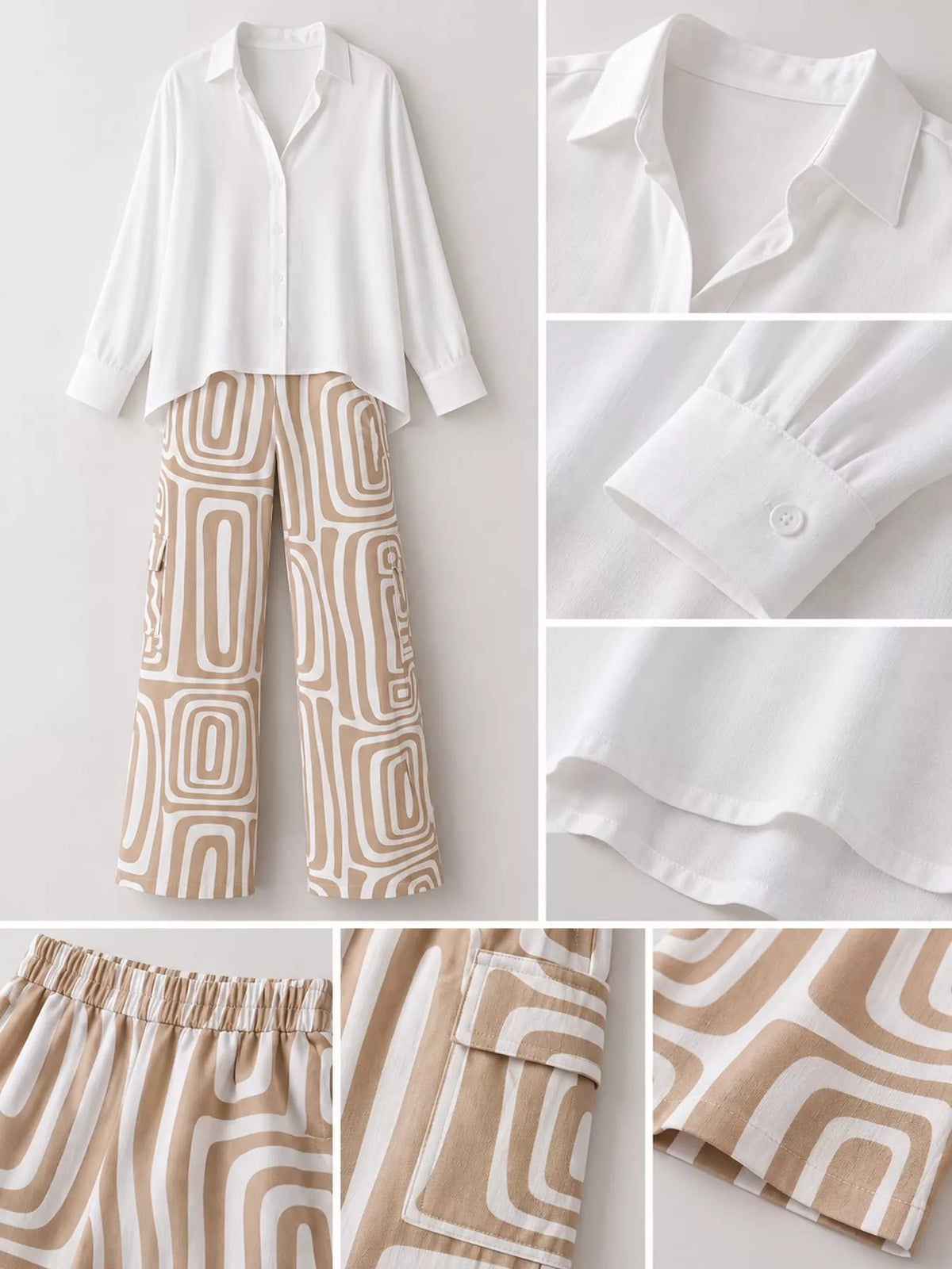 Full Size Chic Button-Down Shirt and Geometric Wide-Leg Pants Set Plus Size