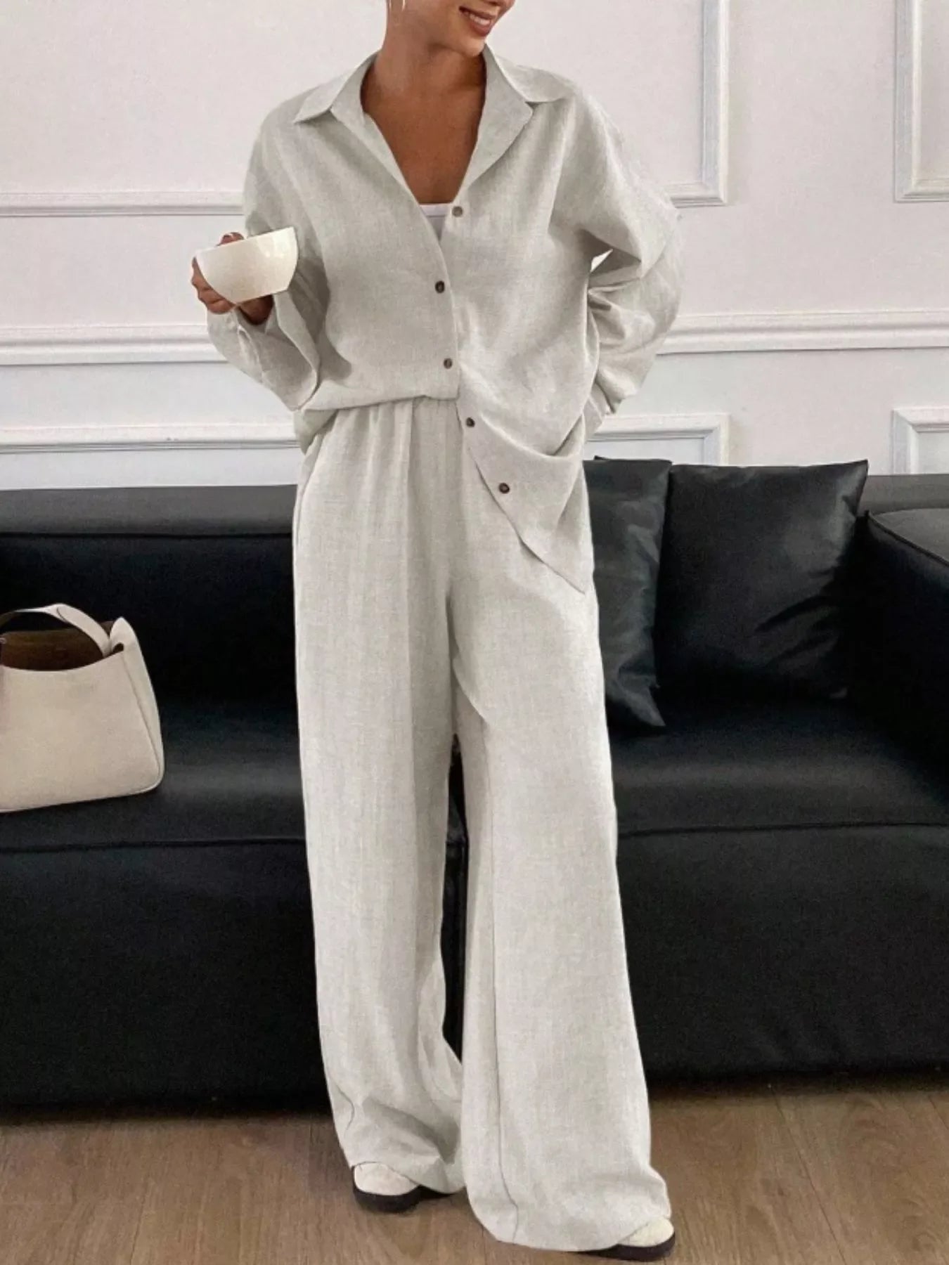 Button Up Long Sleeve Shirt and Wide Leg Pants Set
