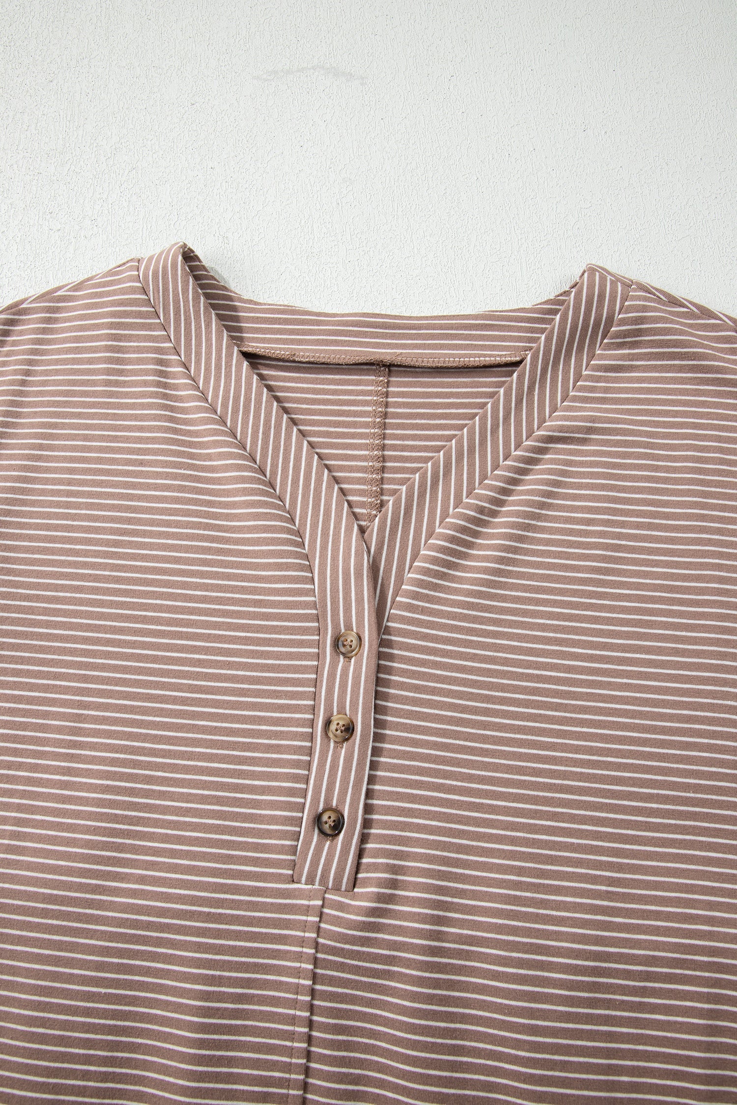 Khaki Stripe Buttoned V Neck High Low Side Slit T Shirt