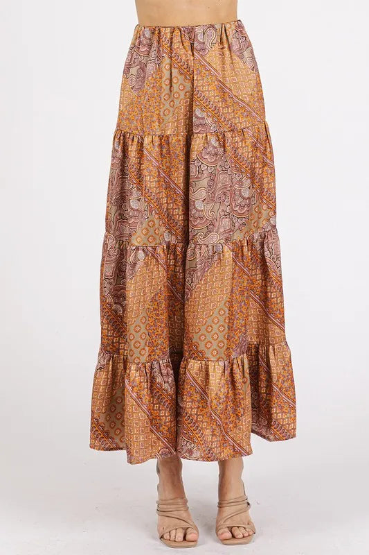 Paisley Patchwork Print Tiered Satin Maxi Skirt