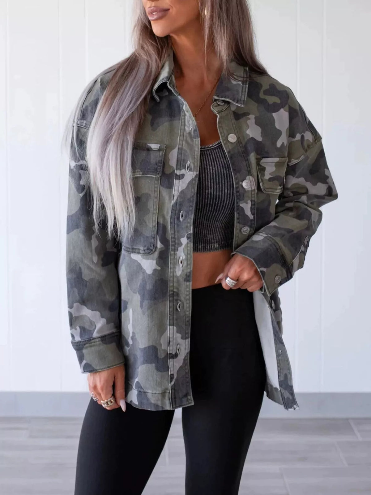 Camouflage Print Button Up Denim Jacket